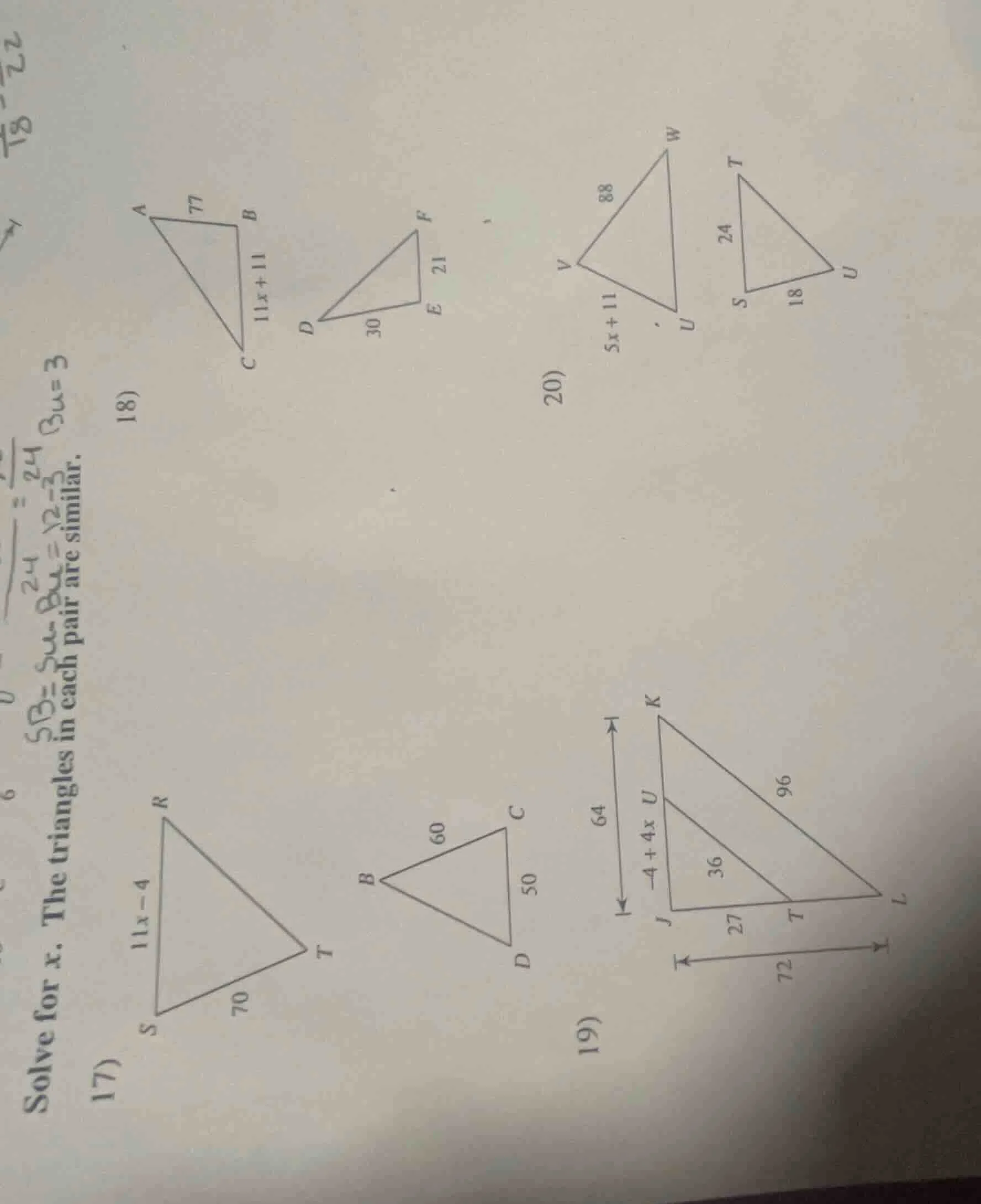solve for x. the triangles in each pair are similar. 17) triangle srt w…