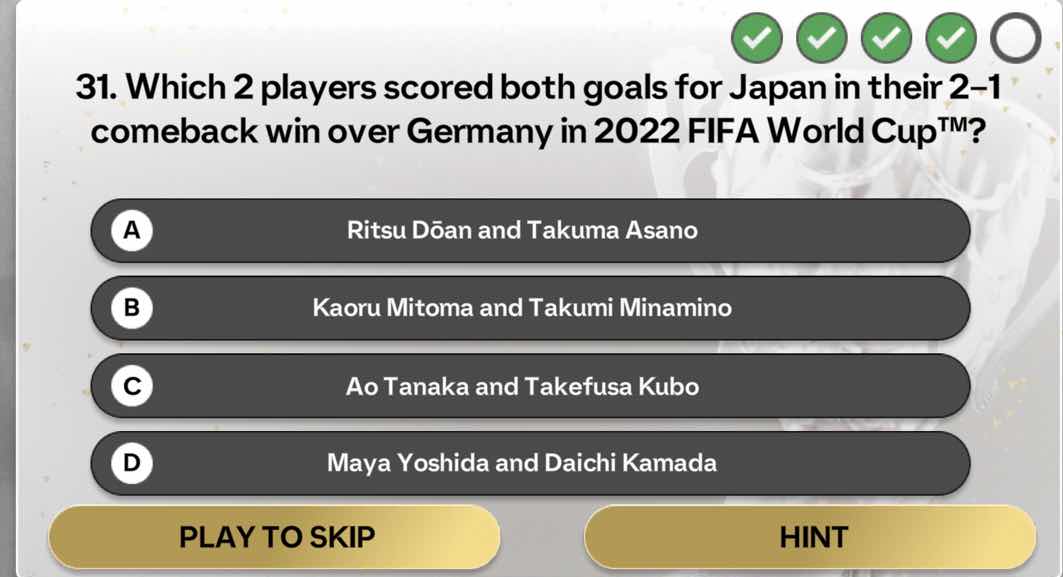 31. which 2 players scored both goals for japan in their 2-1 comeback w…