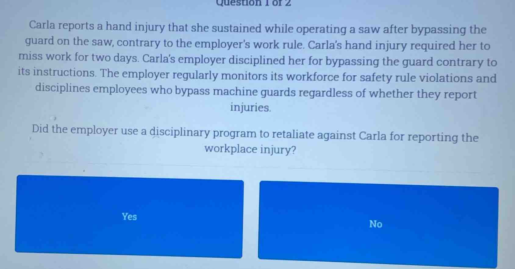 question 1 of 2 carla reports a hand injury that she sustained while op…