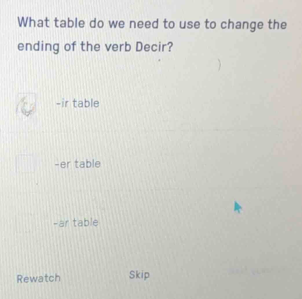 what table do we need to use to change the ending of the verb decir? -i…