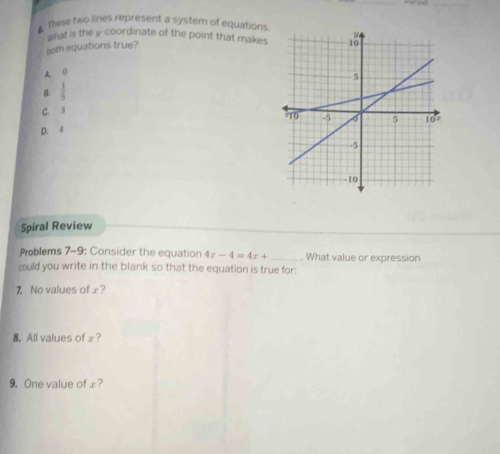 6. these two lines represent a system of equations. what is the y - coo…