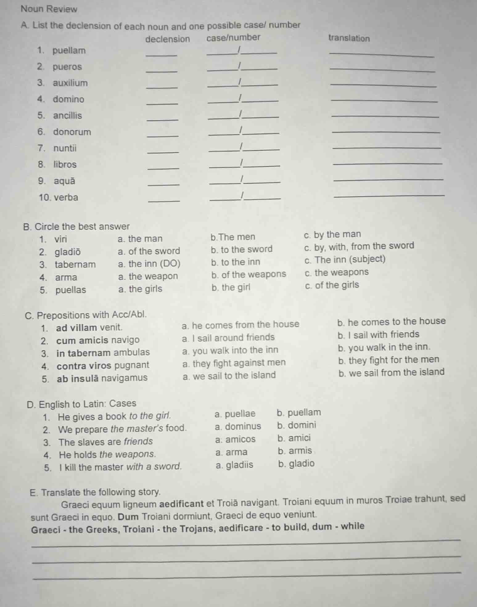 noun review a. list the declension of each noun and one possible case/ …