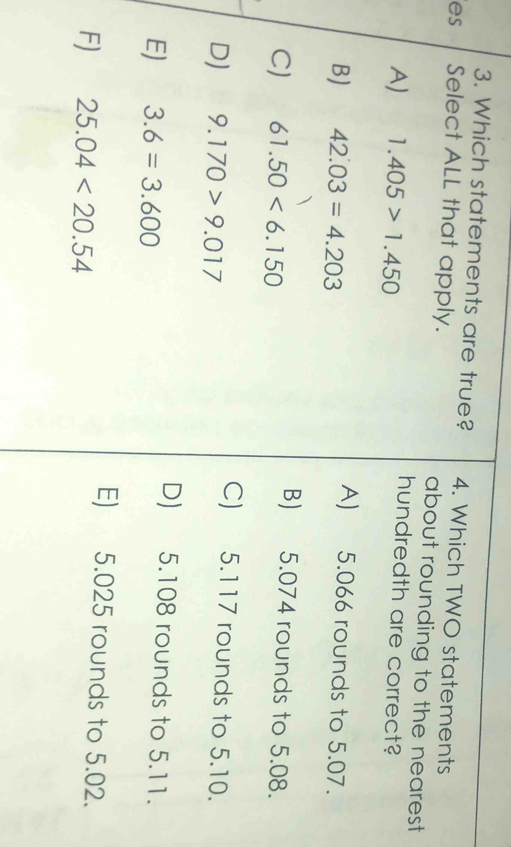 3. which statements are true? select all that apply. a) 1.405 > 1.450 b…