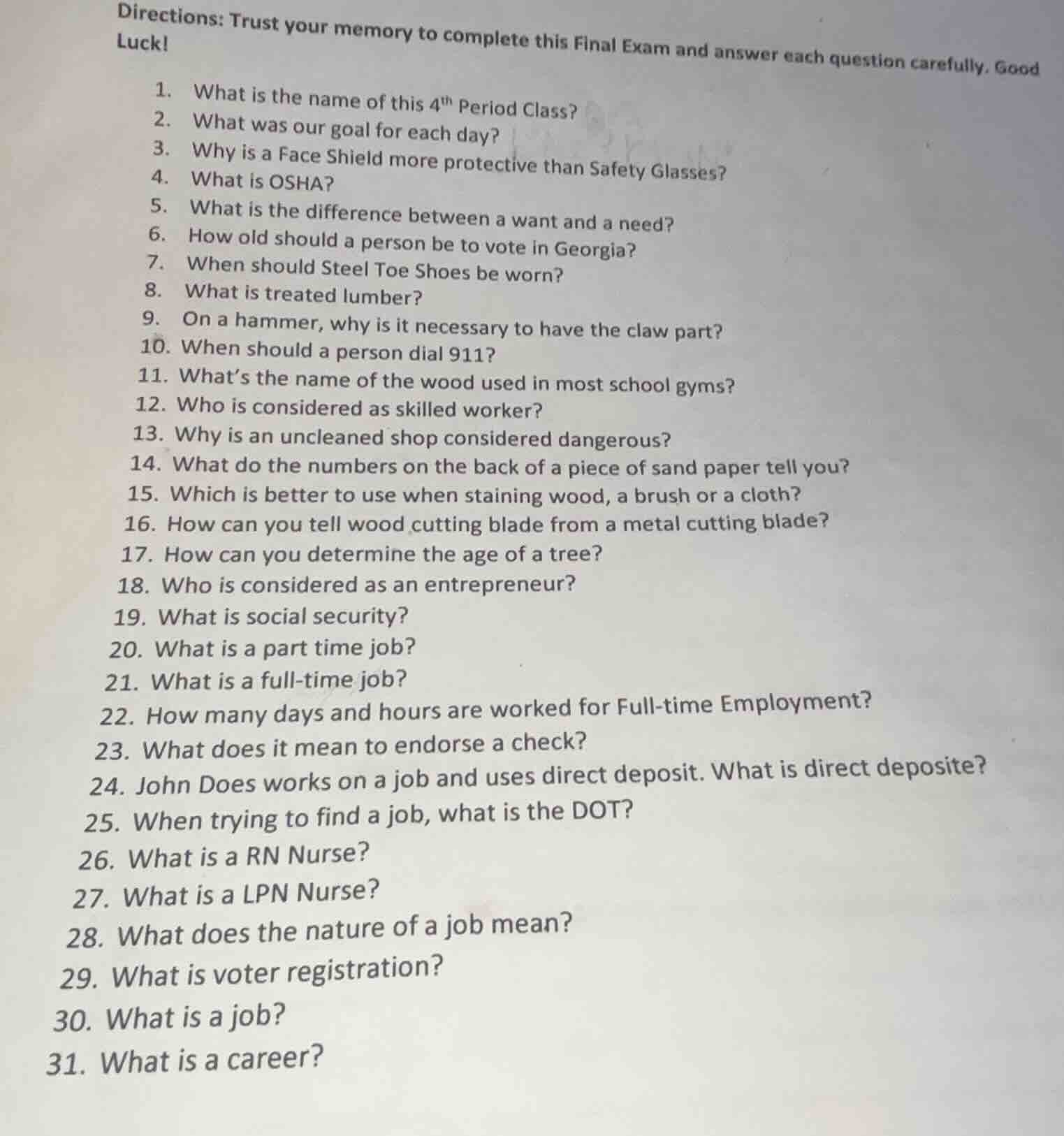 directions: trust your memory to complete this final exam and answer ea…