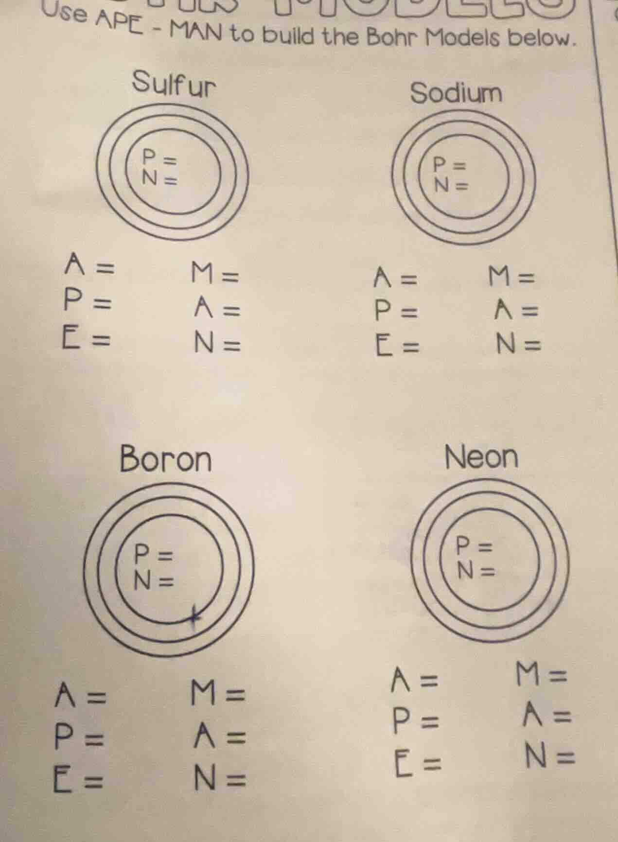 use ape - man to build the bohr models below. sulfur p = n = a = p = e …