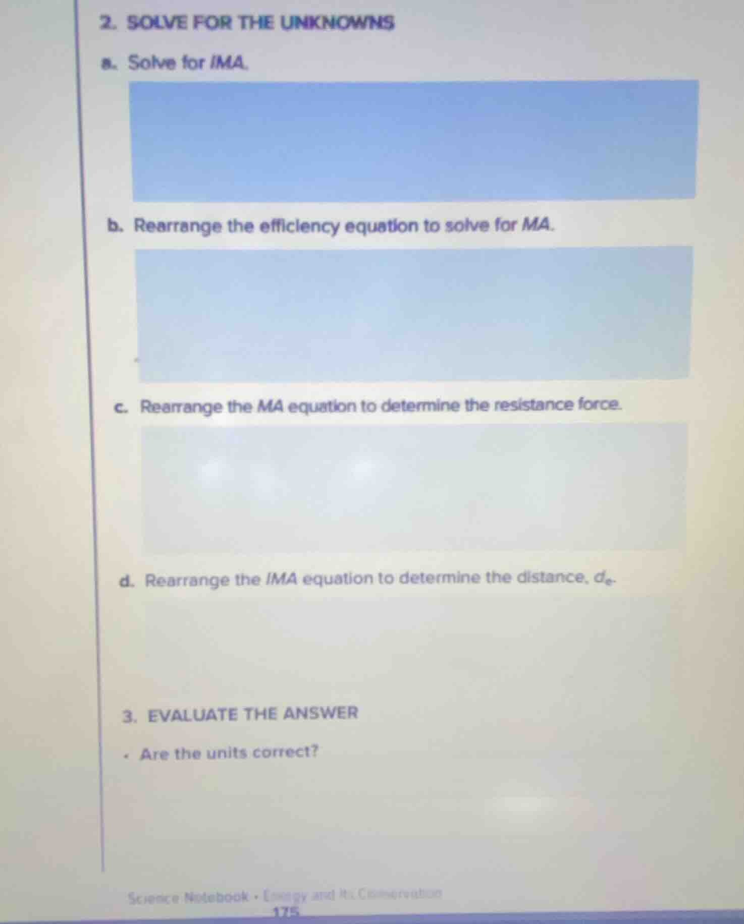 2. solve for the unknowns a. solve for ima. b. rearrange the efficiency…