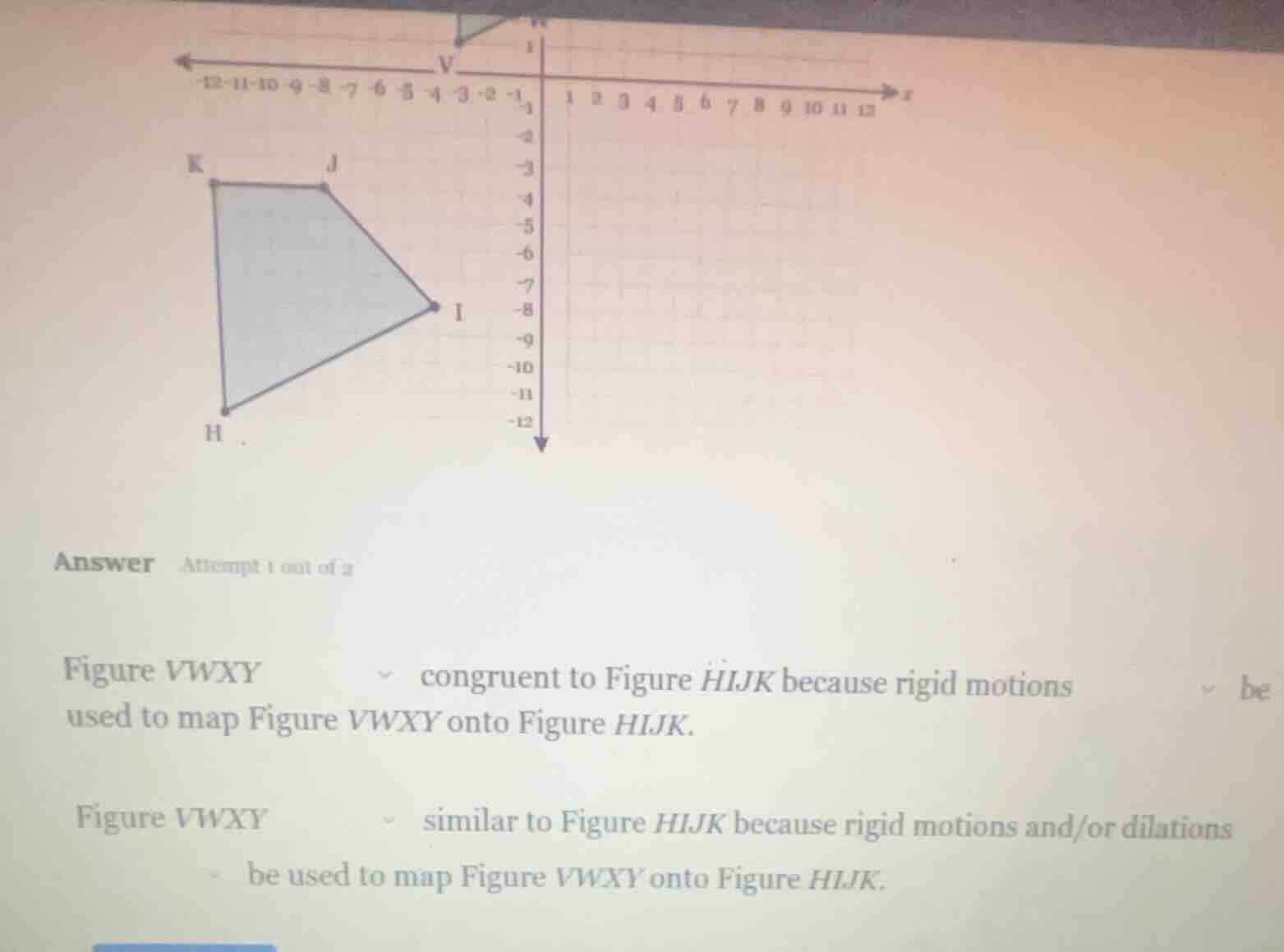 answer attempt 1 out of 2 figure vwxy congruent to figure hijk because …