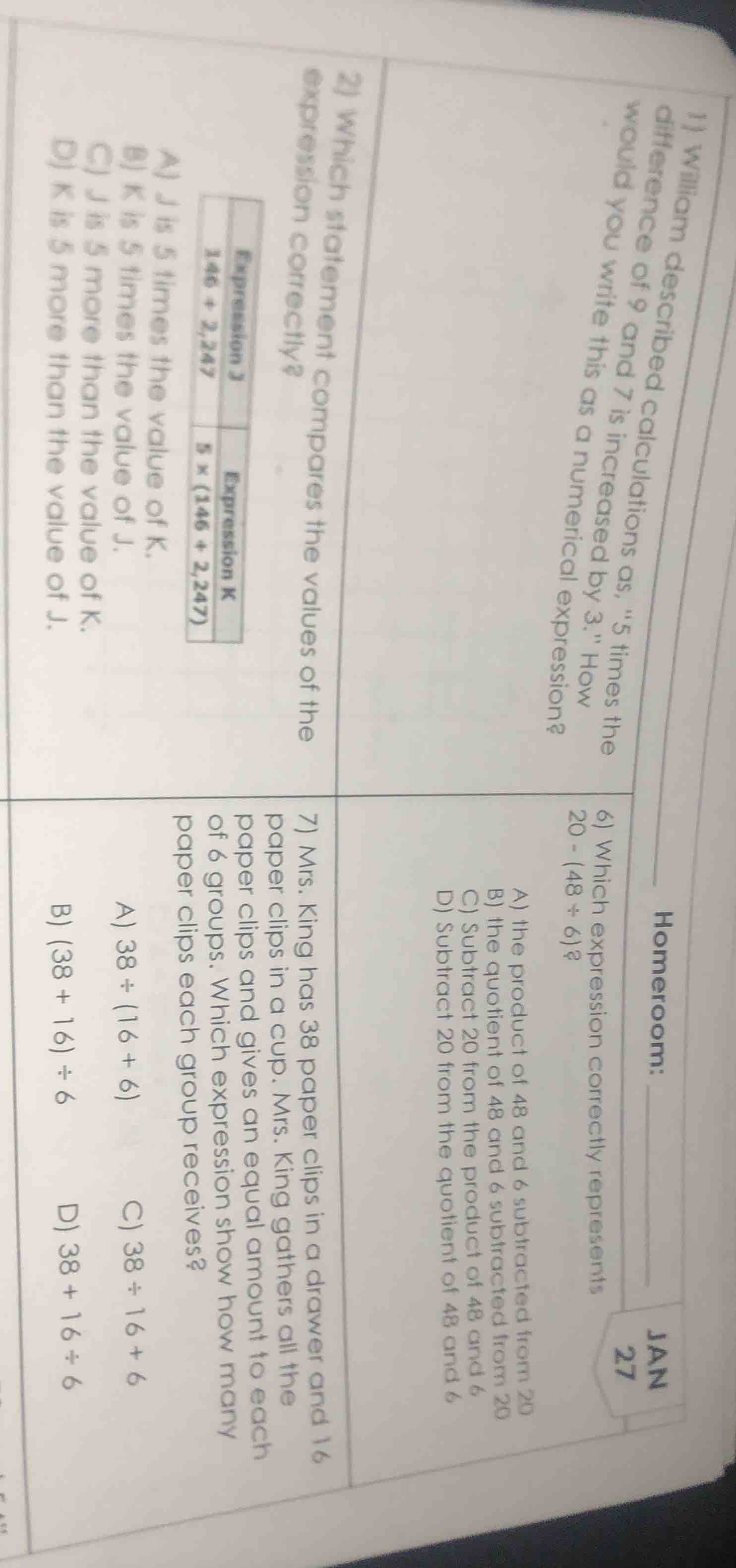 1) william described calculations as, \5 times the difference of 9 and …
