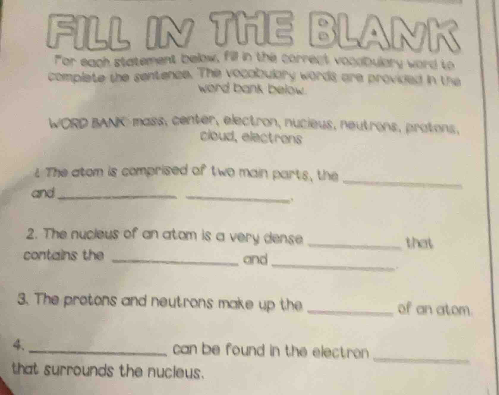 fill in the blank for each statement below, fill in the correct vocabul…