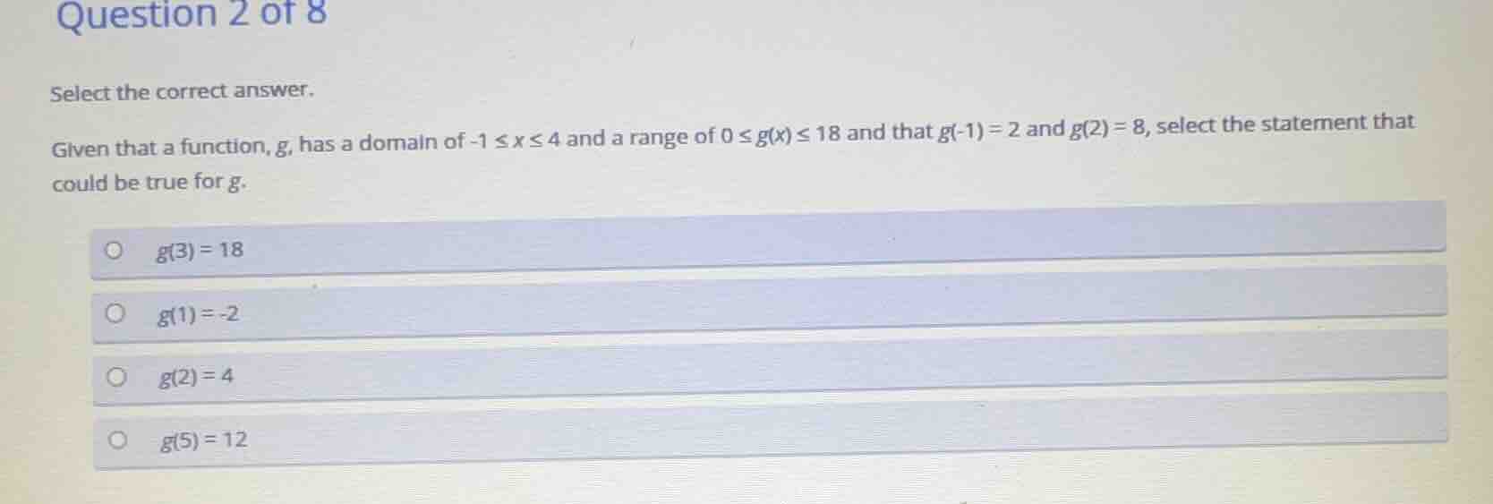 question 2 of 8 select the correct answer. given that a function, g, ha…