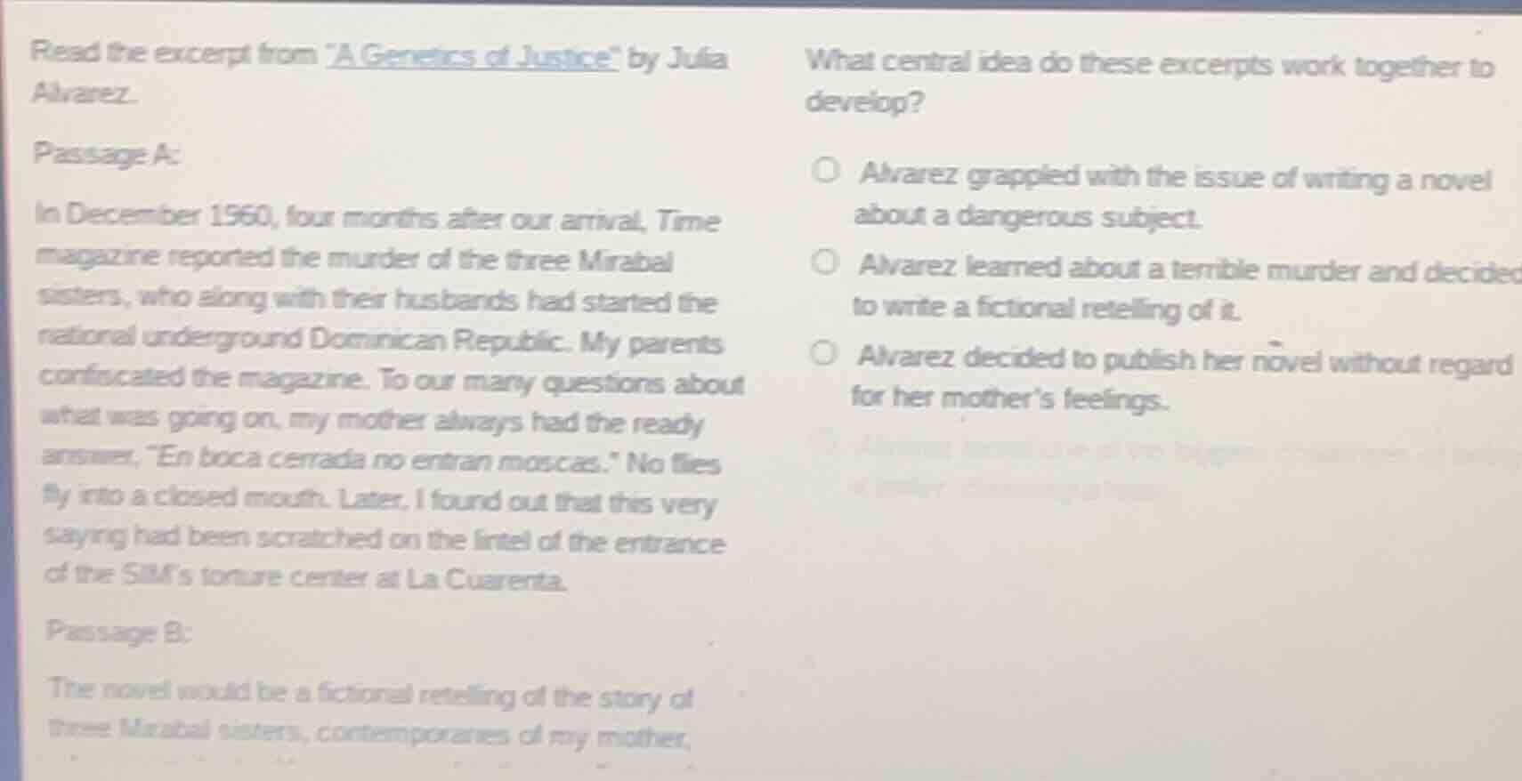 read the excerpt from \a genetics of justice\ by julia alvarez. passage…