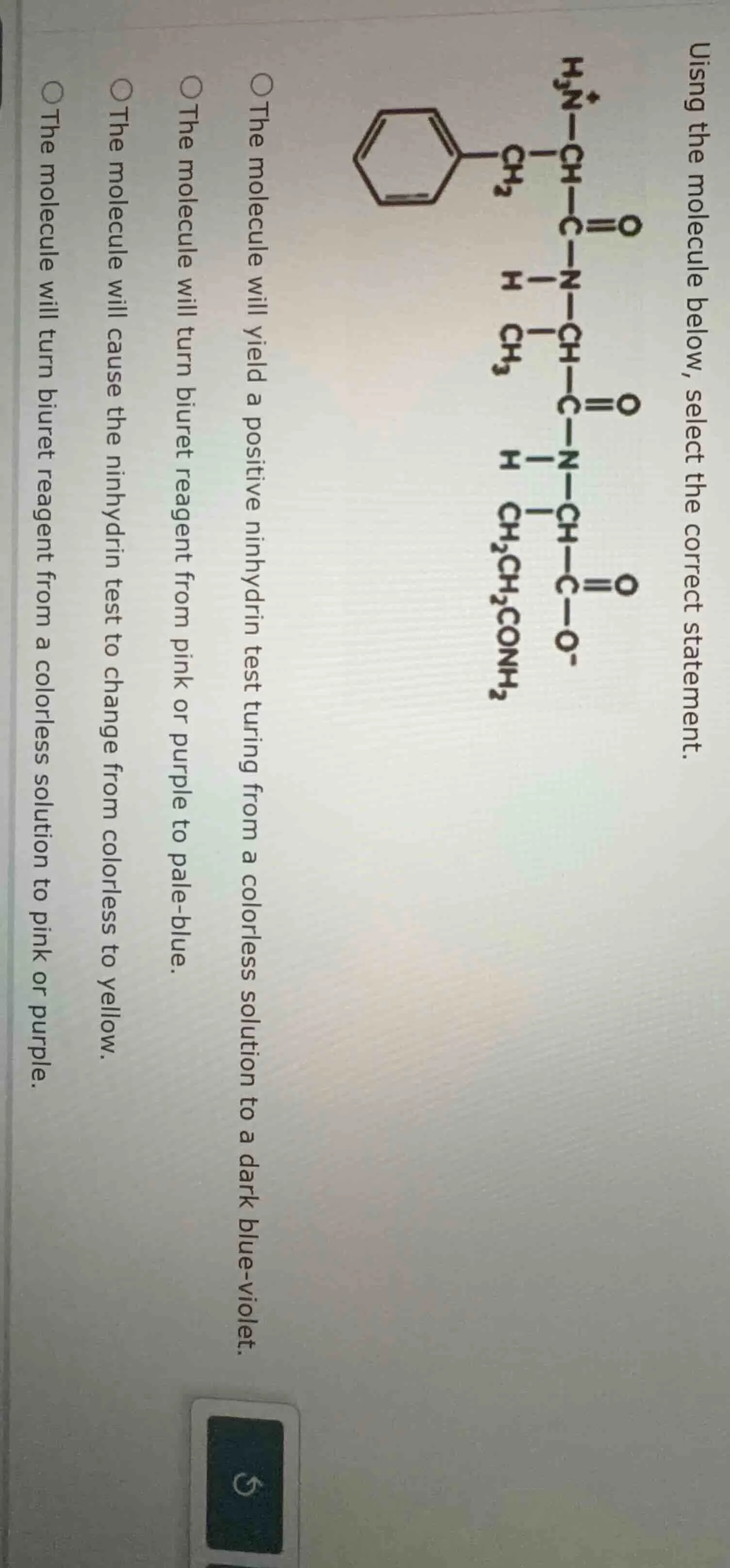 using the molecule below, select the correct statement. the molecule wi…