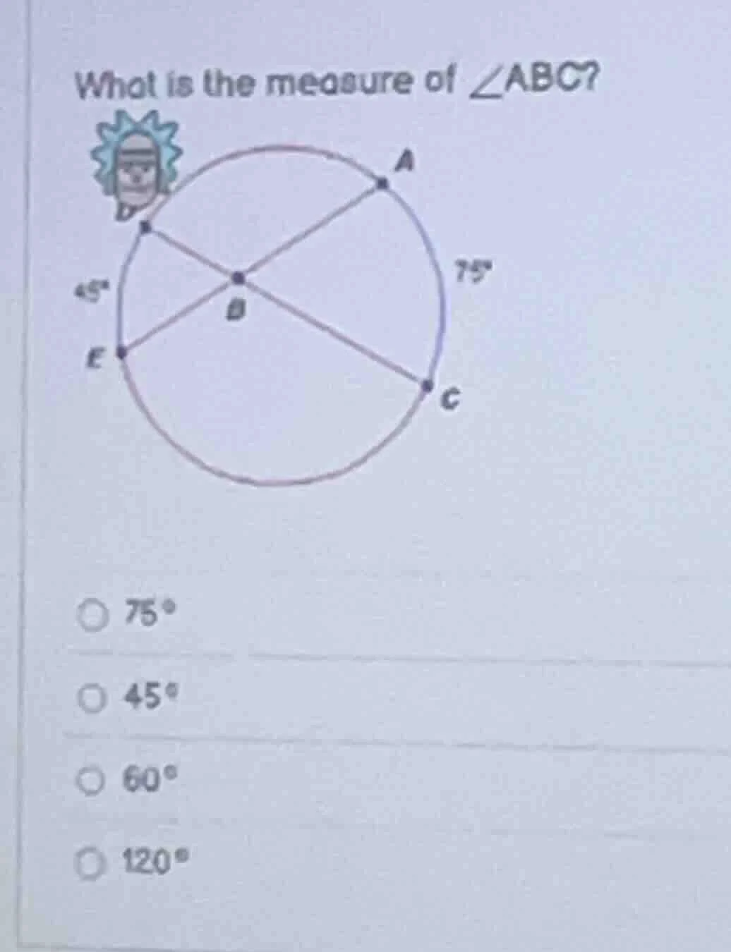 what is the measure of $\\angle abc$? options: $75^\\circ$, $45^\\circ$…