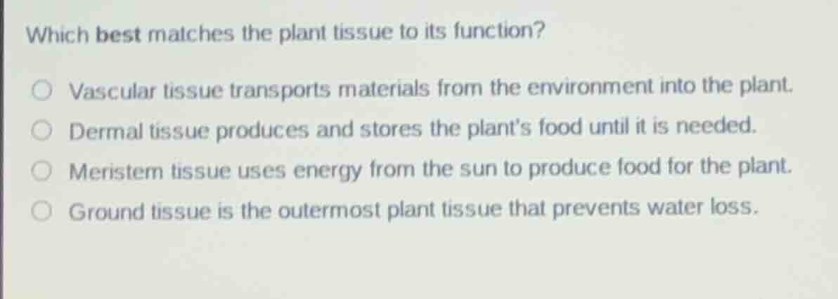 which best matches the plant tissue to its function? vascular tissue tr…
