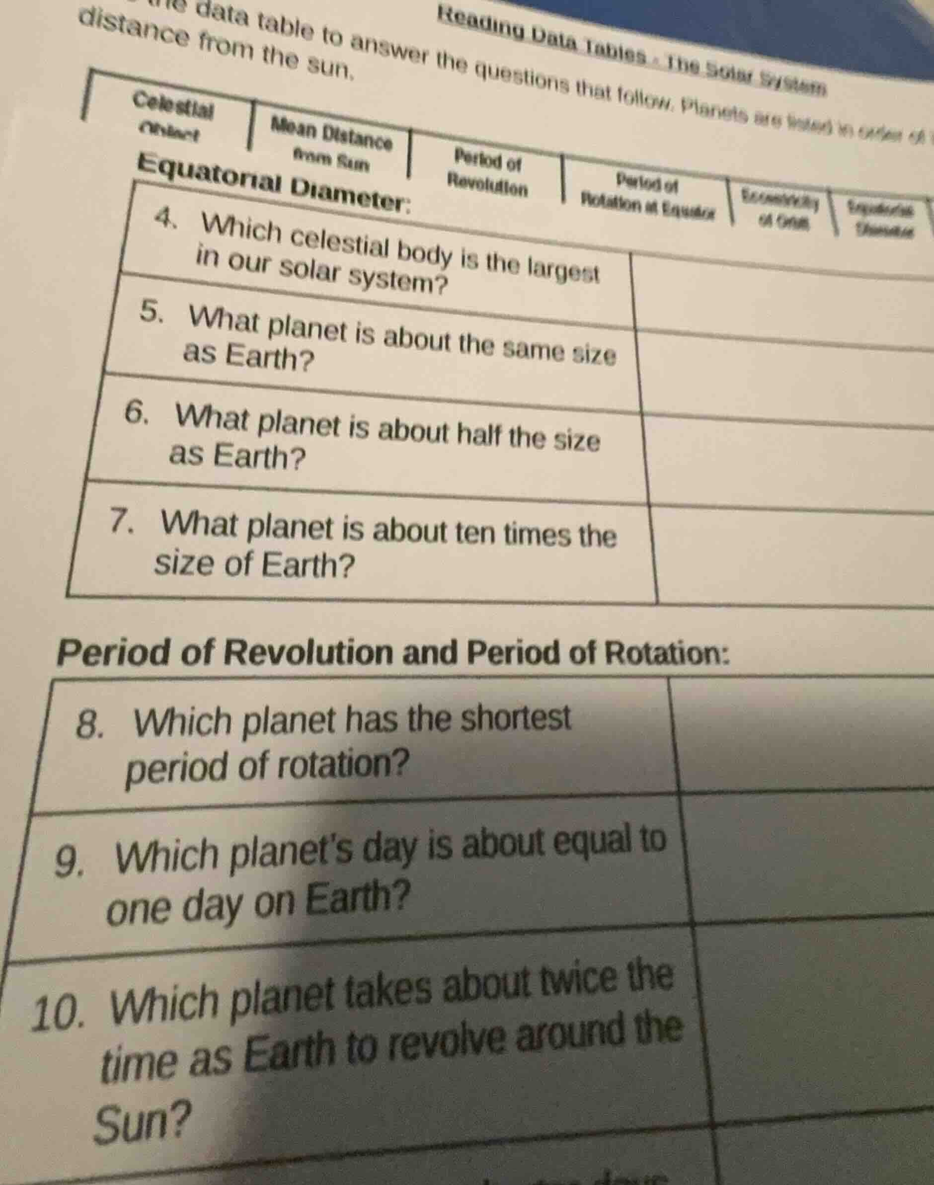 reading data tables - the solar system data table to answer the questio…