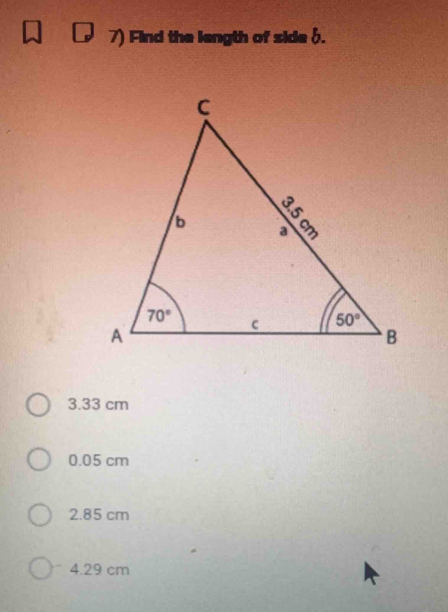 7) find the length of side b. (there is a triangle abc with angle at a …