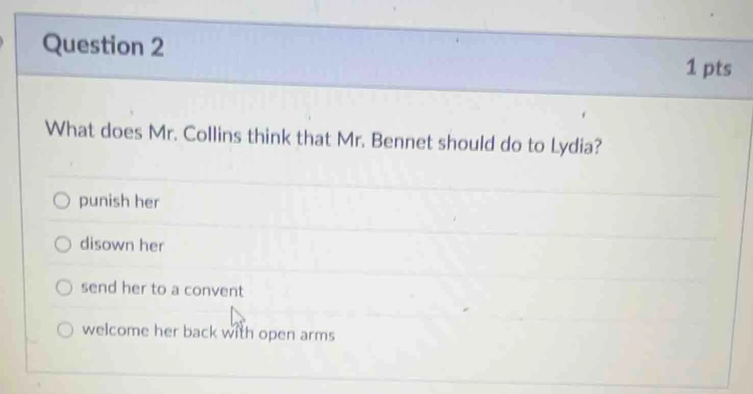 question 2 1 pts what does mr. collins think that mr. bennet should do …