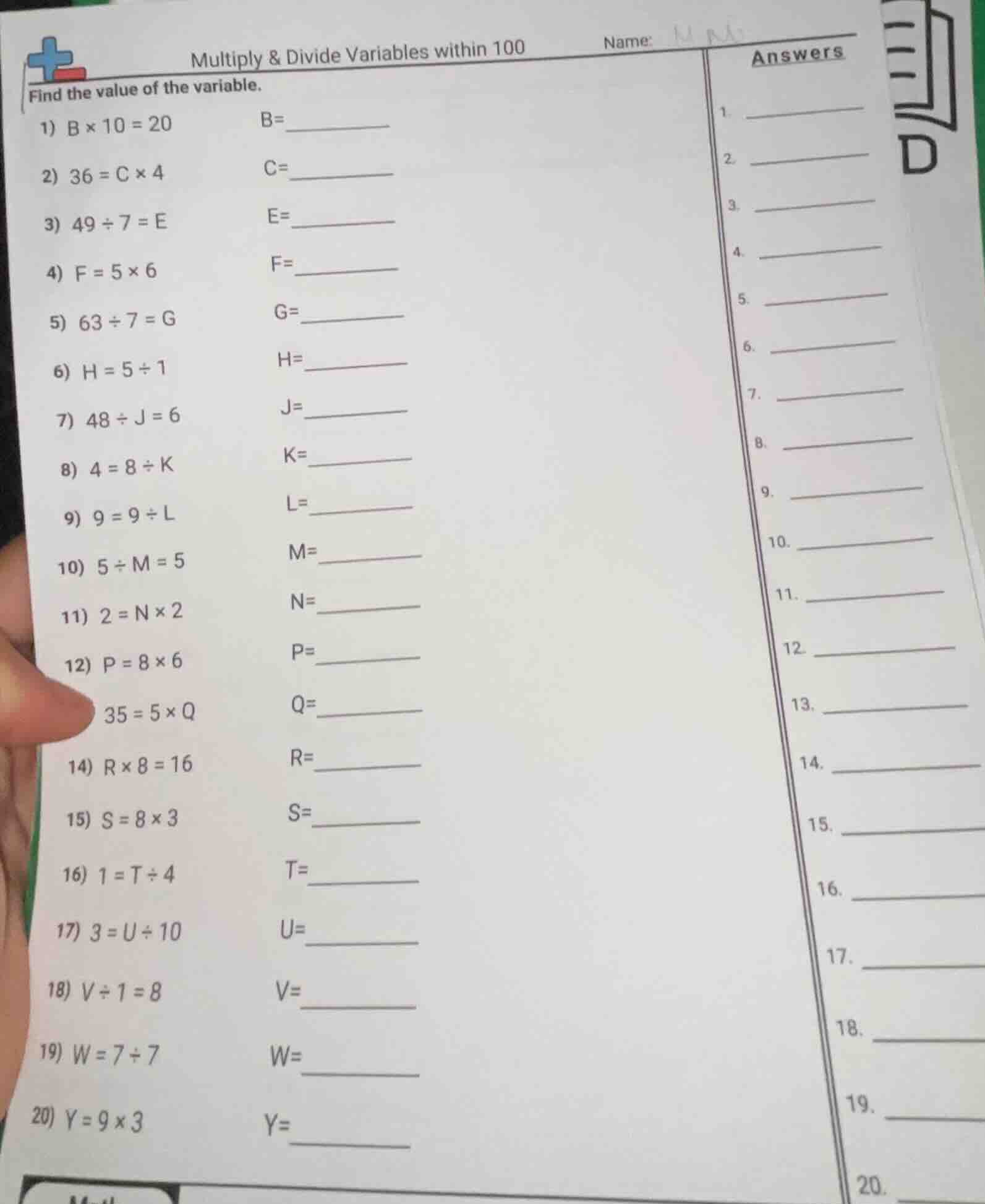 multiply & divide variables within 100 find the value of the variable. …