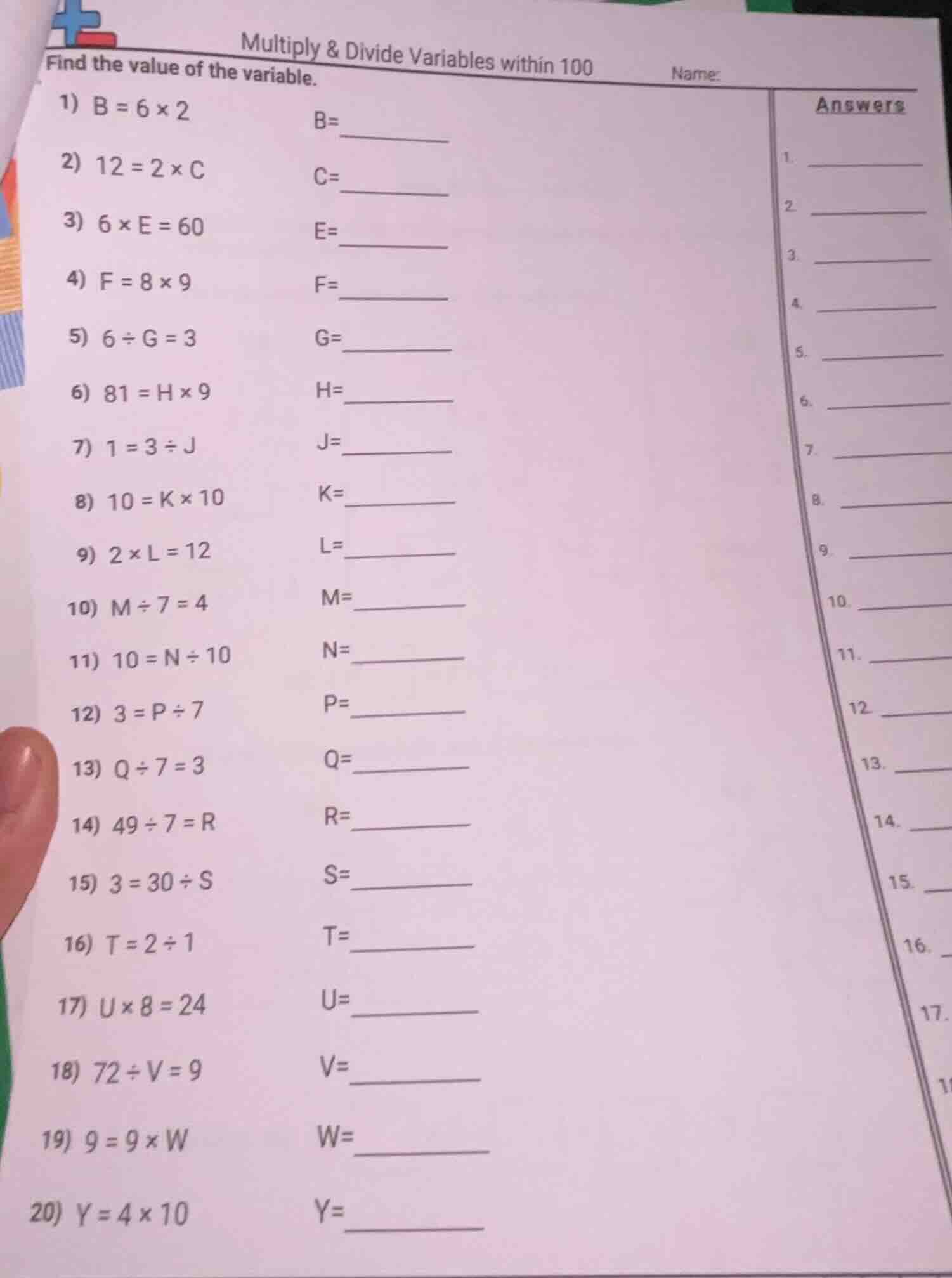 multiply & divide variables within 100 find the value of the variable. …