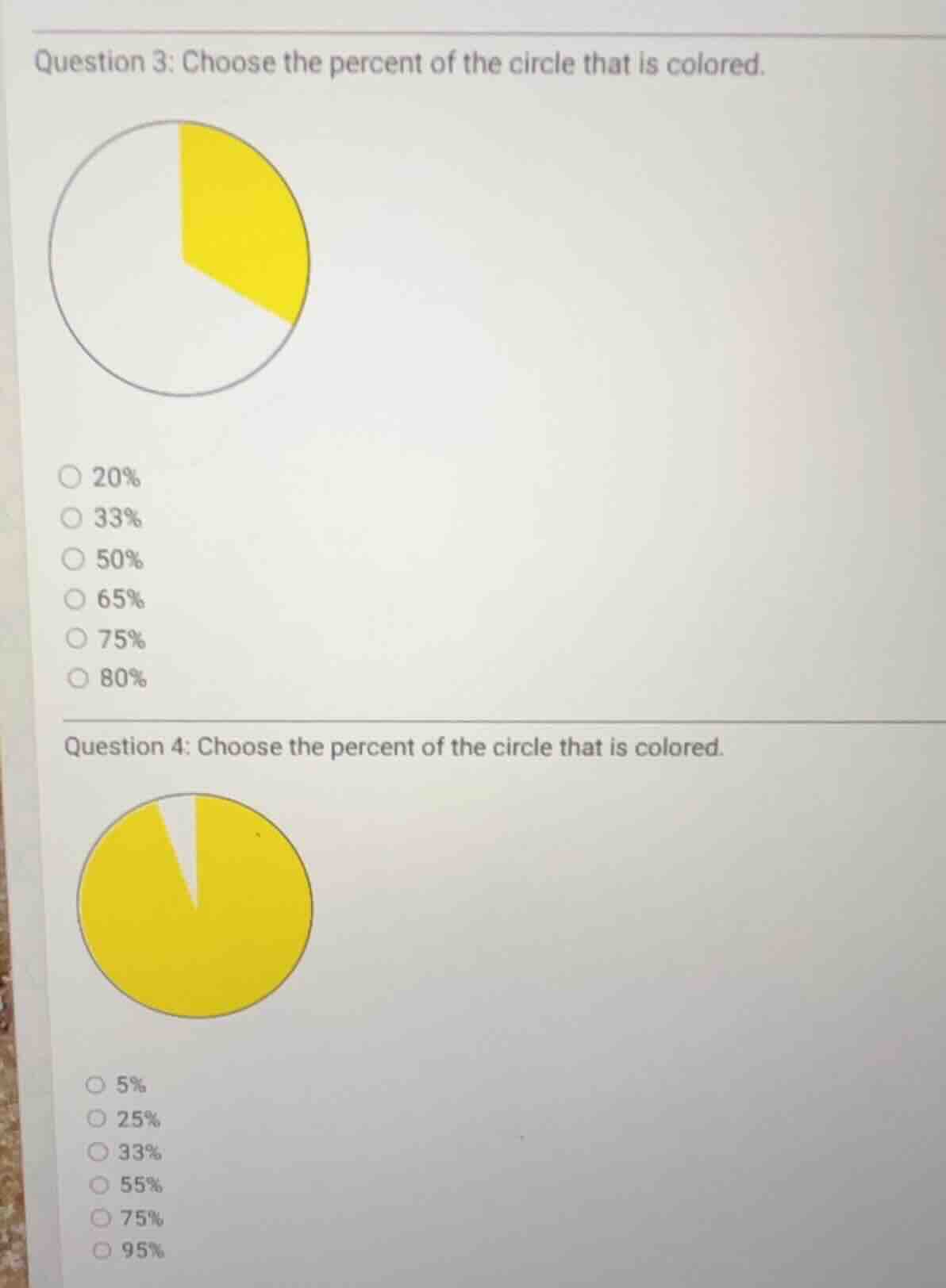 question 3: choose the percent of the circle that is colored. 20% 33% 5…