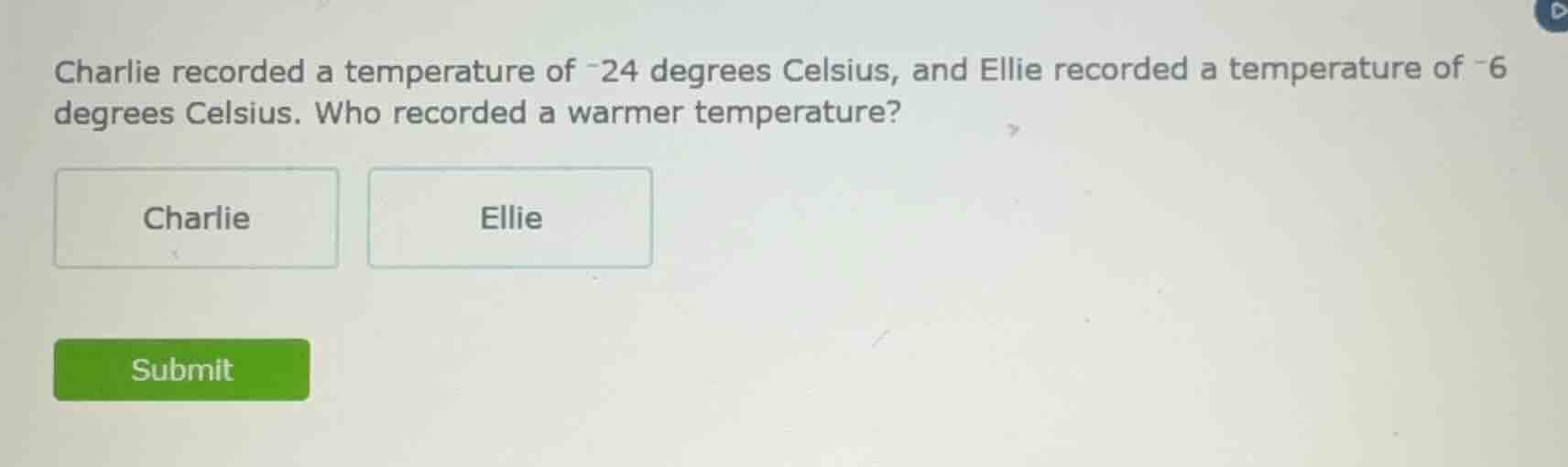 charlie recorded a temperature of -24 degrees celsius, and ellie record…