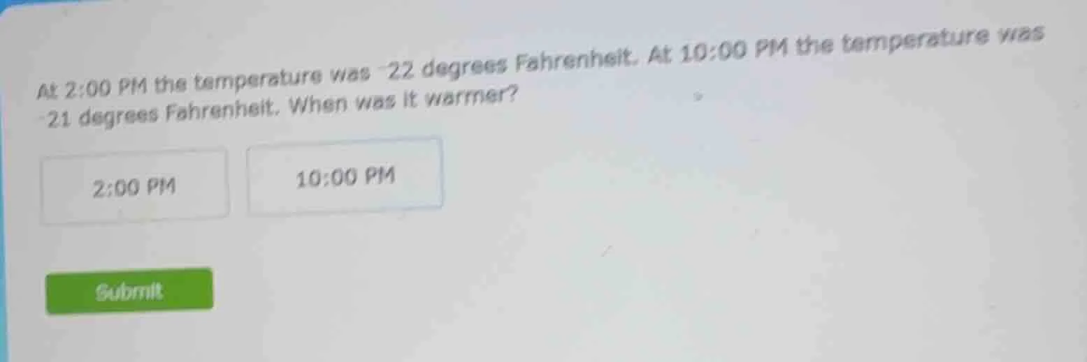 at 2:00 pm the temperature was -22 degrees fahrenheit. at 10:00 pm the …