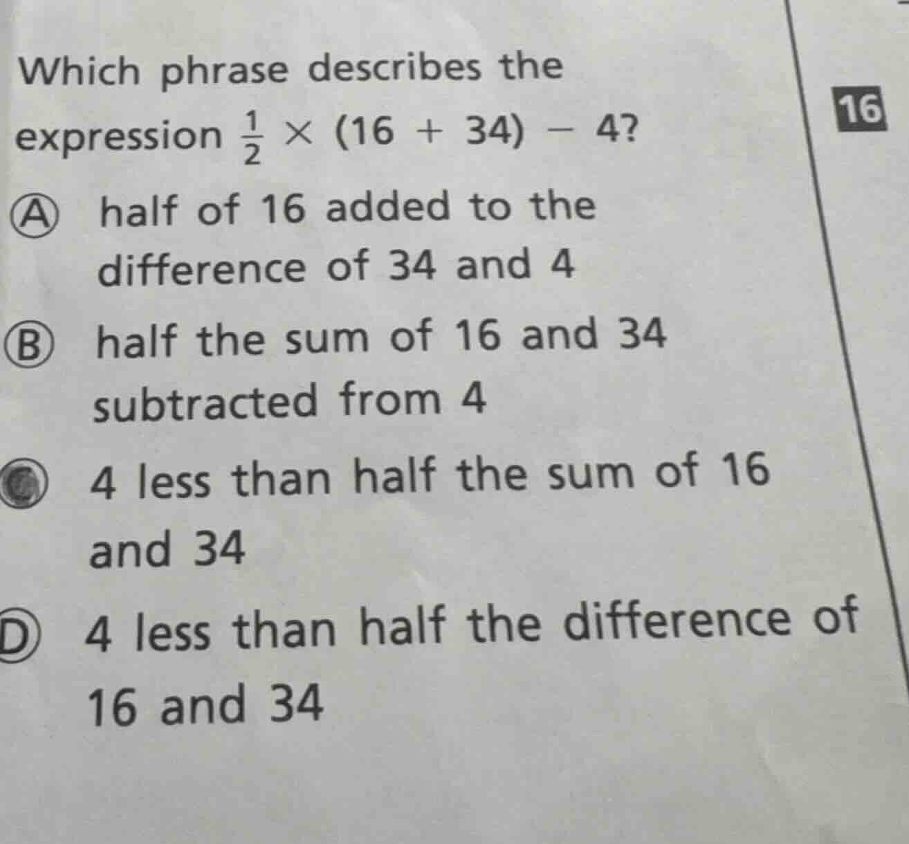 which phrase describes the expression \\(\\frac{1}{2} \\times (16 + 34)…