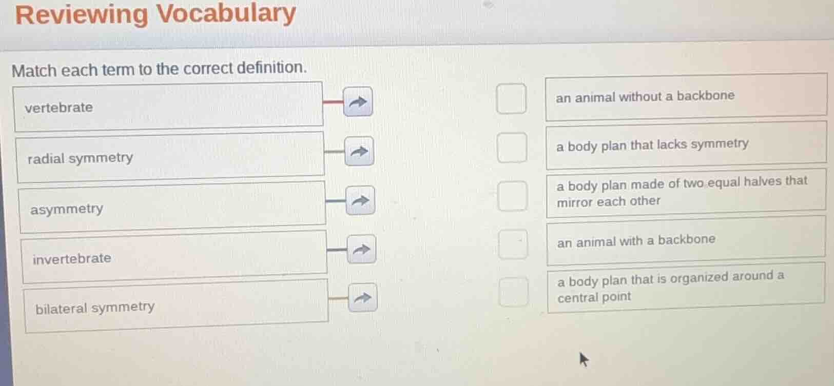 reviewing vocabulary match each term to the correct definition. vertebr…