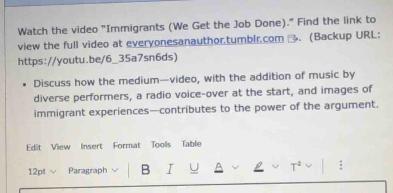 watch the video \immigrants (we get the job done).\ find the link to vi…