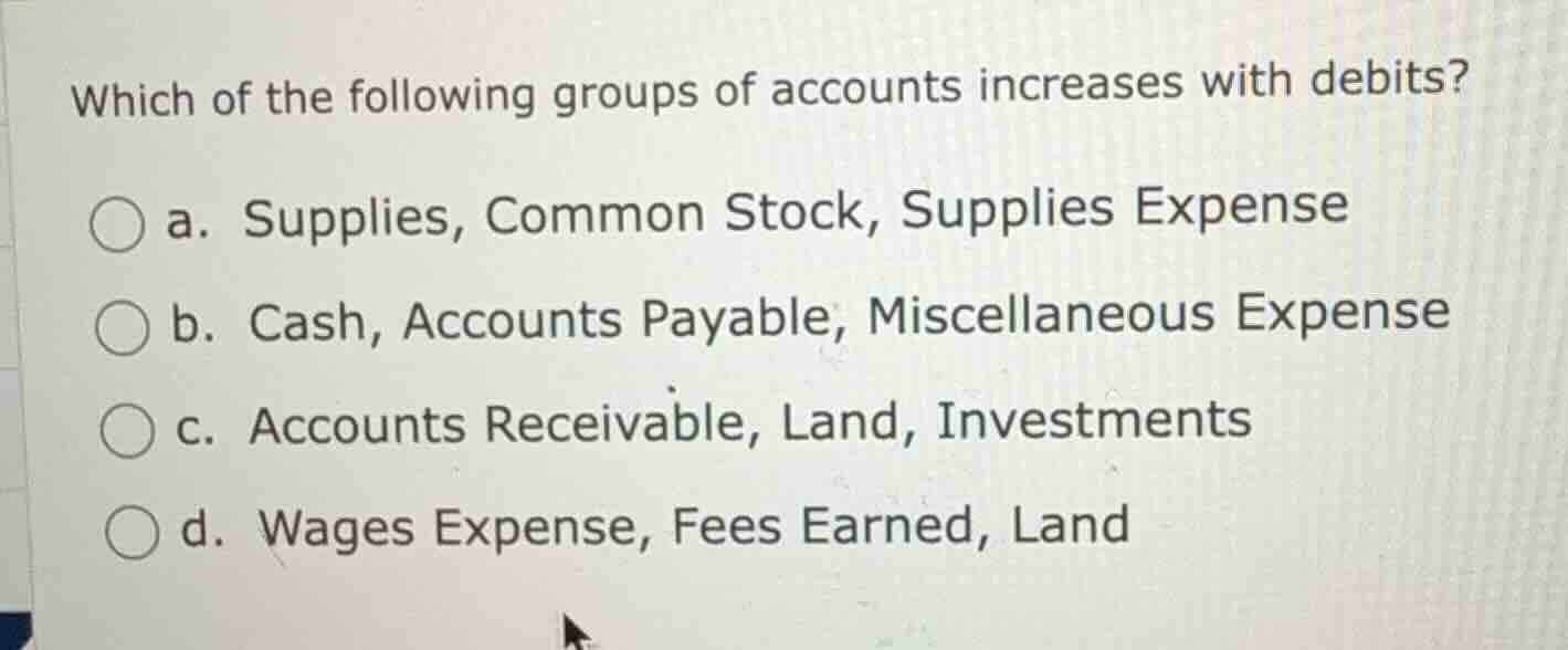 which of the following groups of accounts increases with debits? ○ a. s…