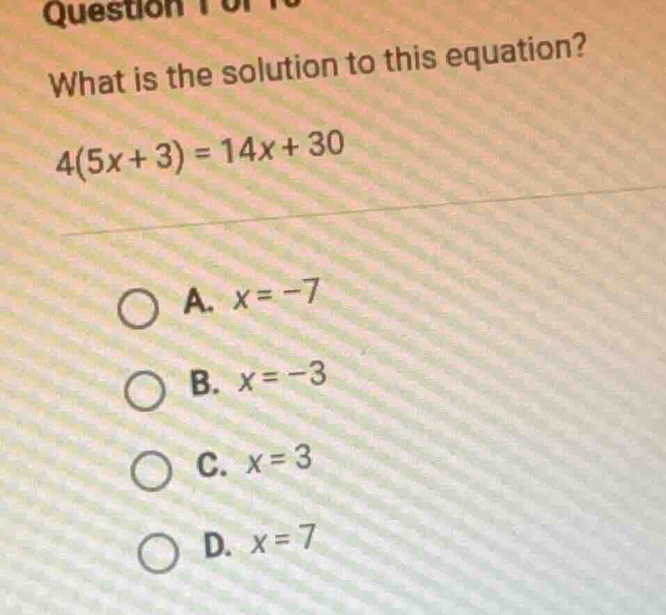 question what is the solution to this equation? $4(5x + 3) = 14x + 30$ …