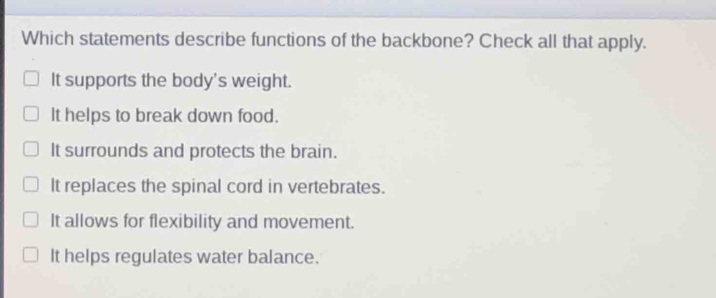 which statements describe functions of the backbone? check all that app…