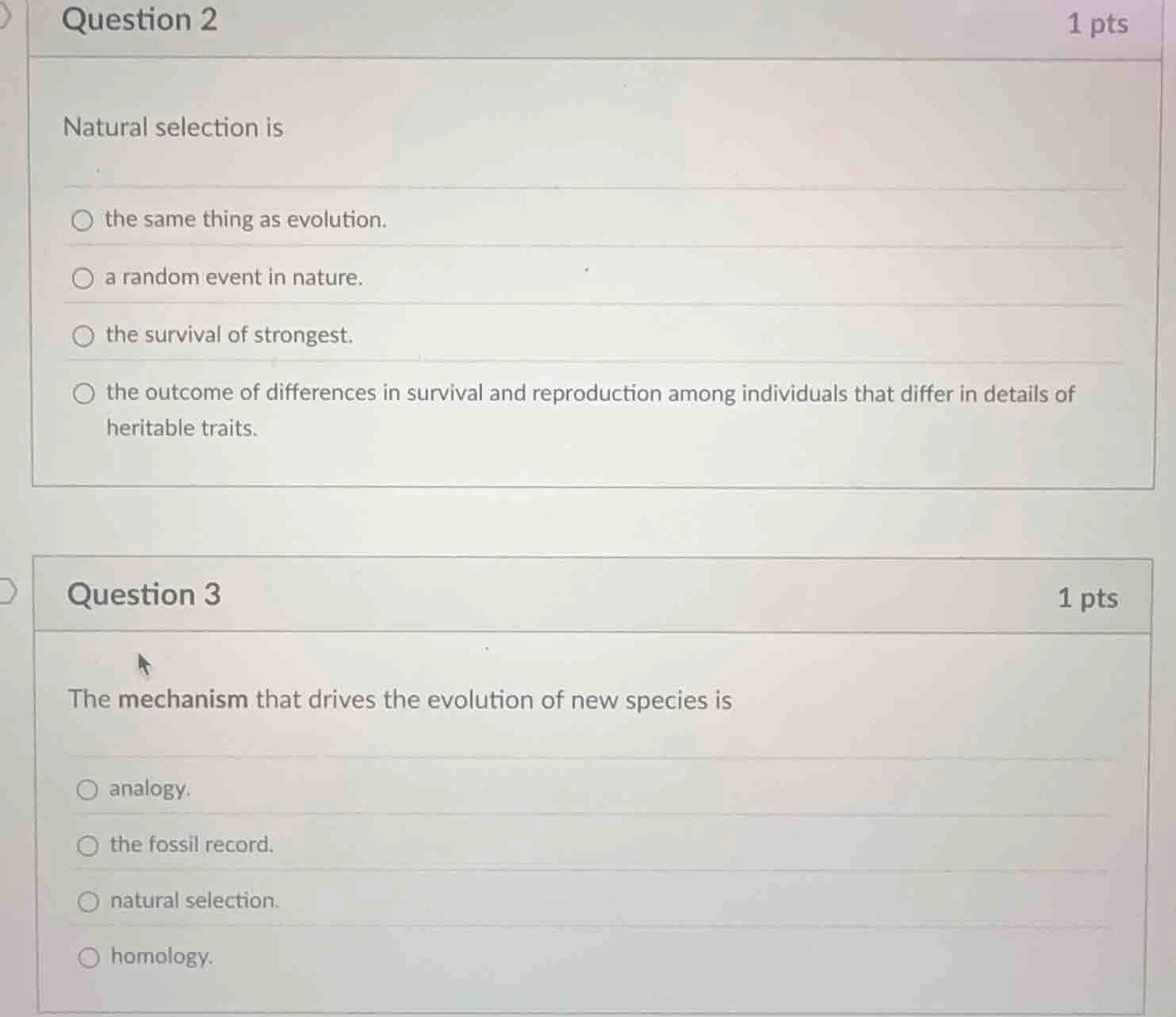 question 2 1 pts natural selection is the same thing as evolution. a ra…