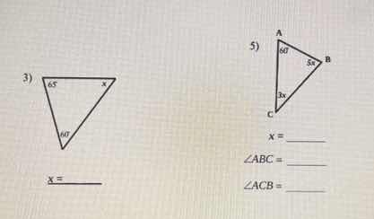 3) x = ______ 5) x = ______ ∠abc = ______ ∠acb = ______