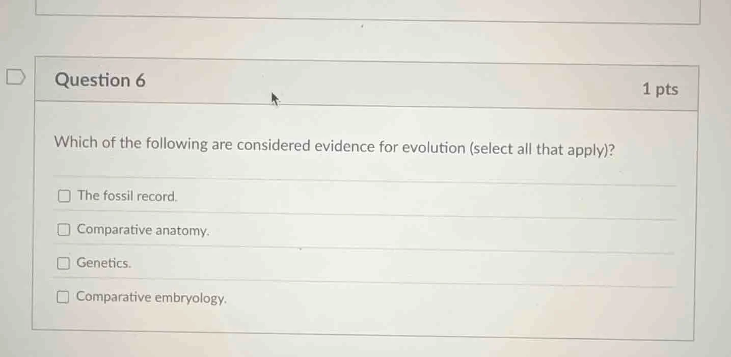 question 6 1 pts which of the following are considered evidence for evo…
