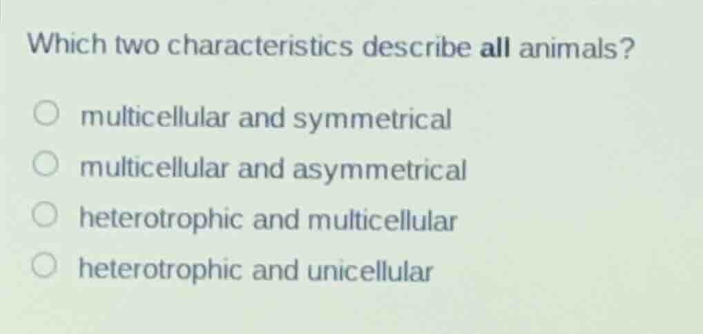 which two characteristics describe all animals? multicellular and symme…