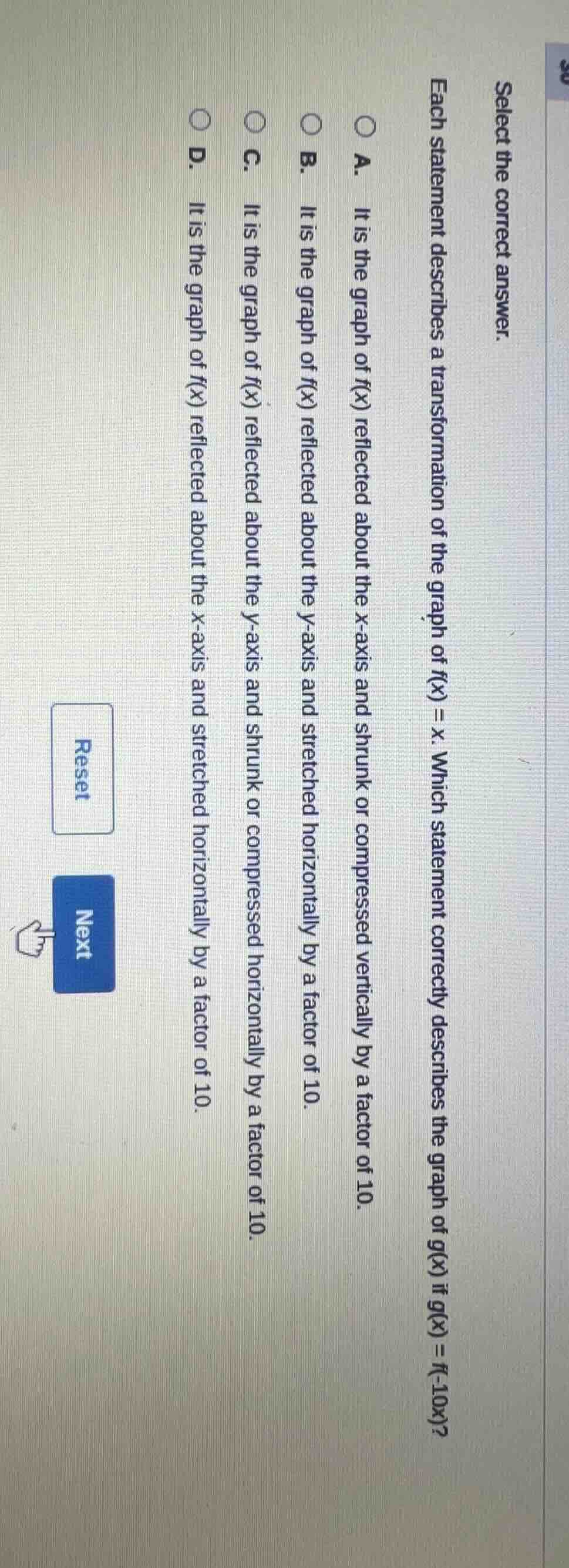 select the correct answer. each statement describes a transformation of…