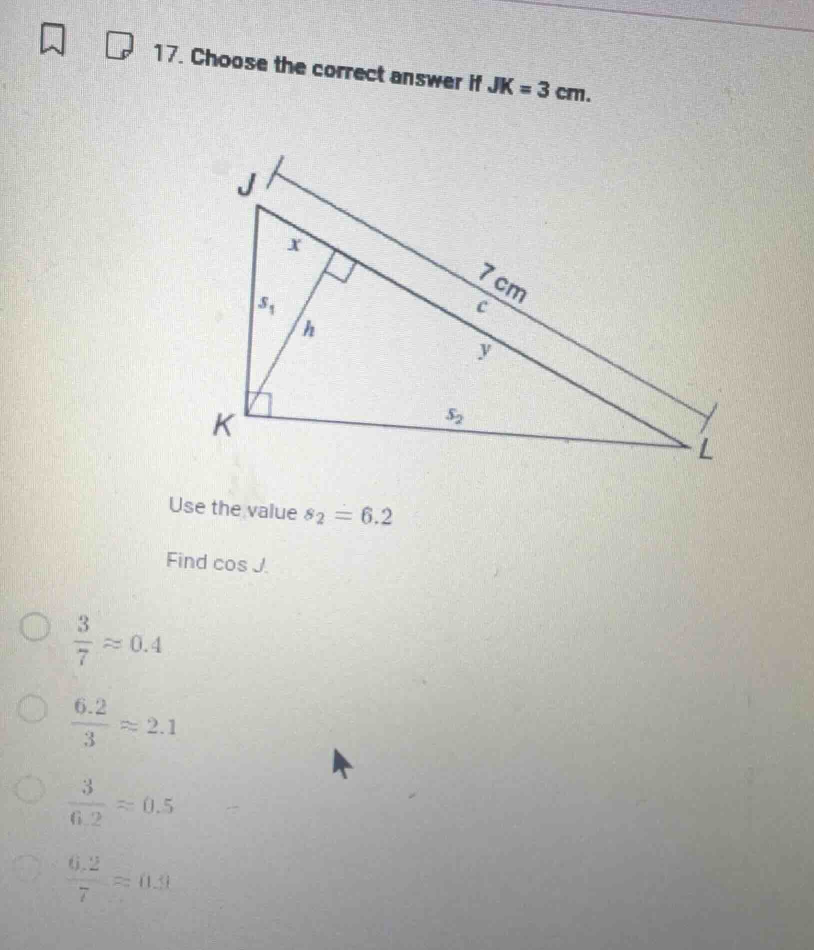 17. choose the correct answer if jk = 3 cm. use the value $s_2 = 6.2$ f…