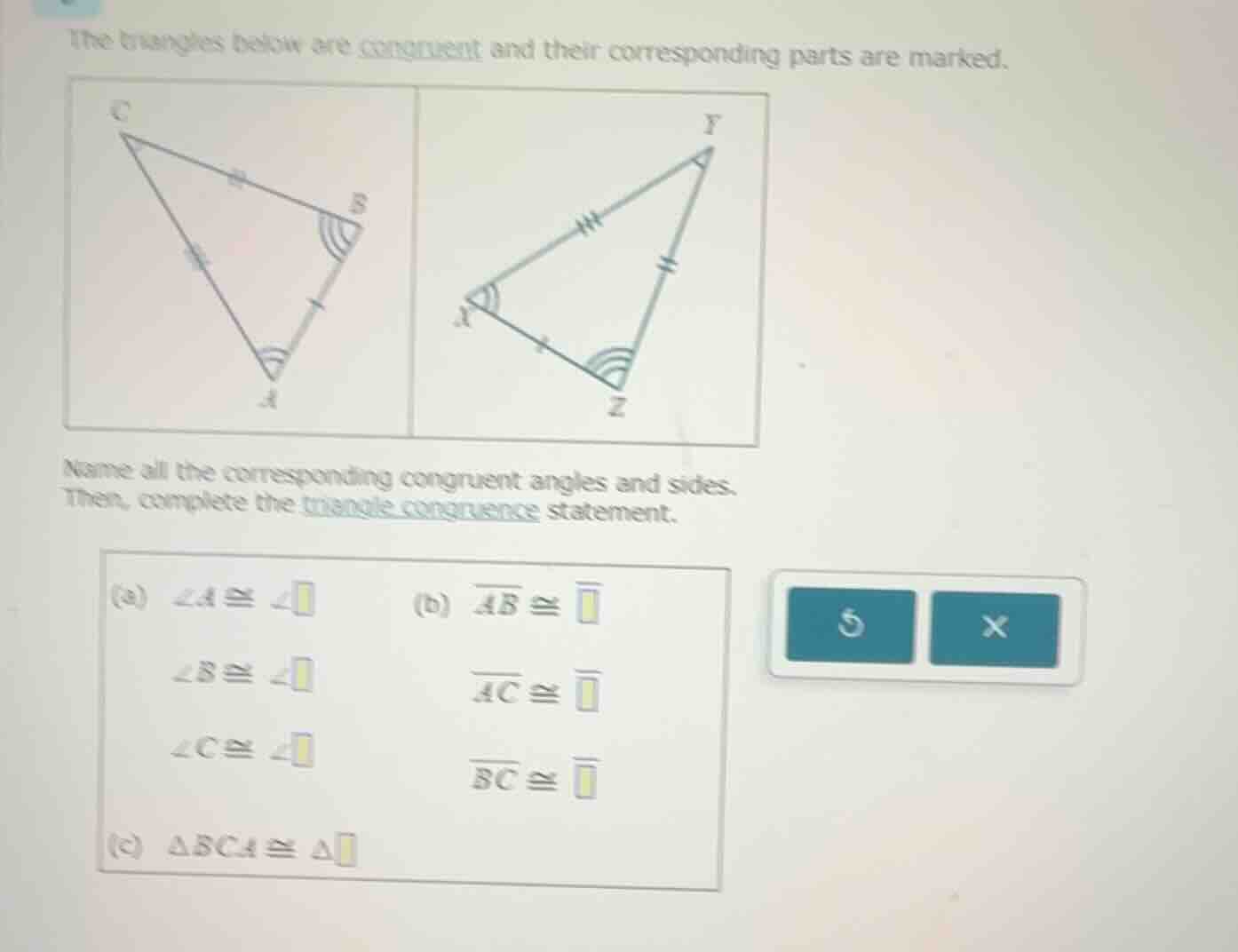 the triangles below are congruent and their corresponding parts are mar…