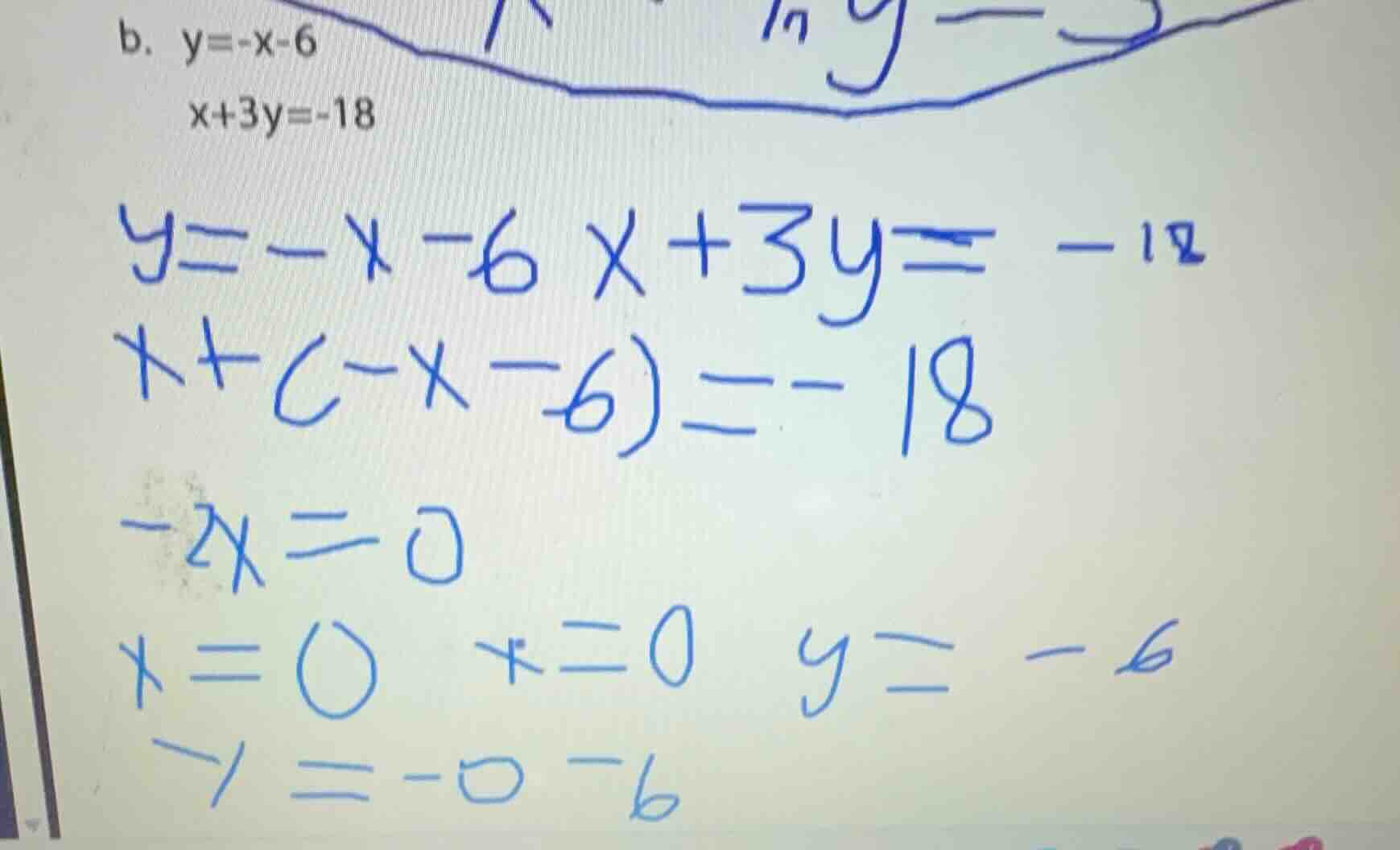 b. y=-x-6 x+3y=-18