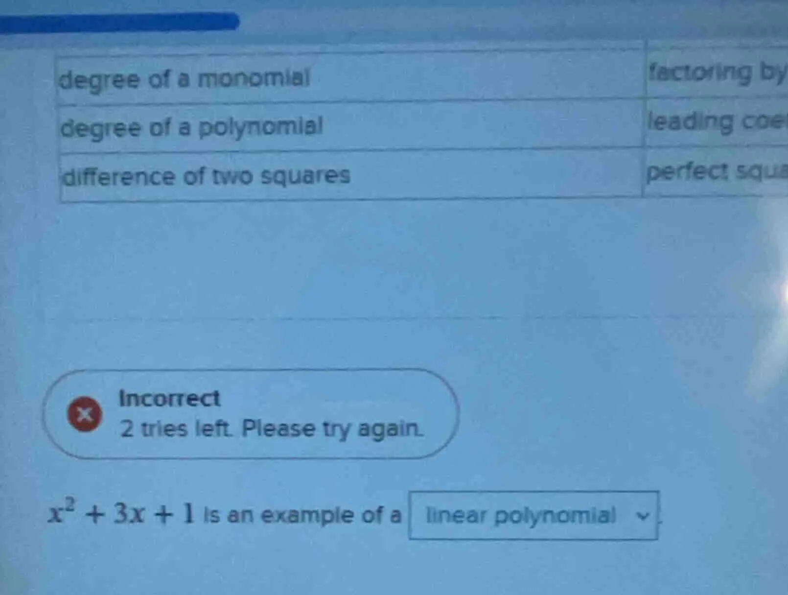 degree of a monomial factoring by degree of a polynomial leading coe di…