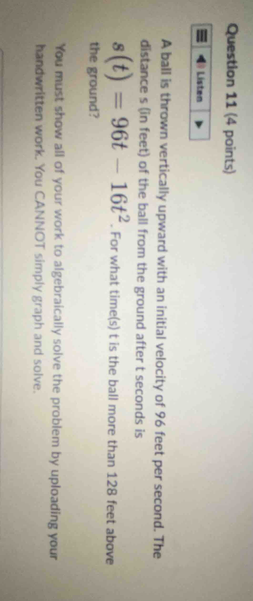 question 11 (4 points) a ball is thrown vertically upward with an initi…