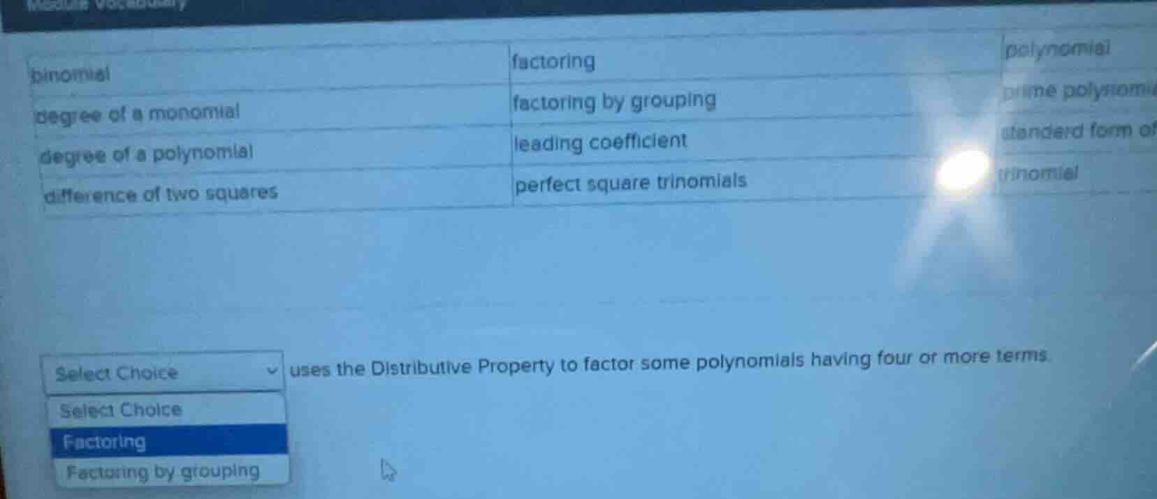 module vocabulary binomial factoring polynomial degree of a monomial fa…