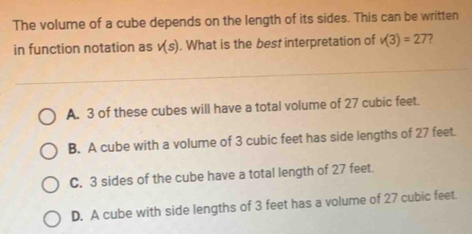 the volume of a cube depends on the length of its sides. this can be wr…