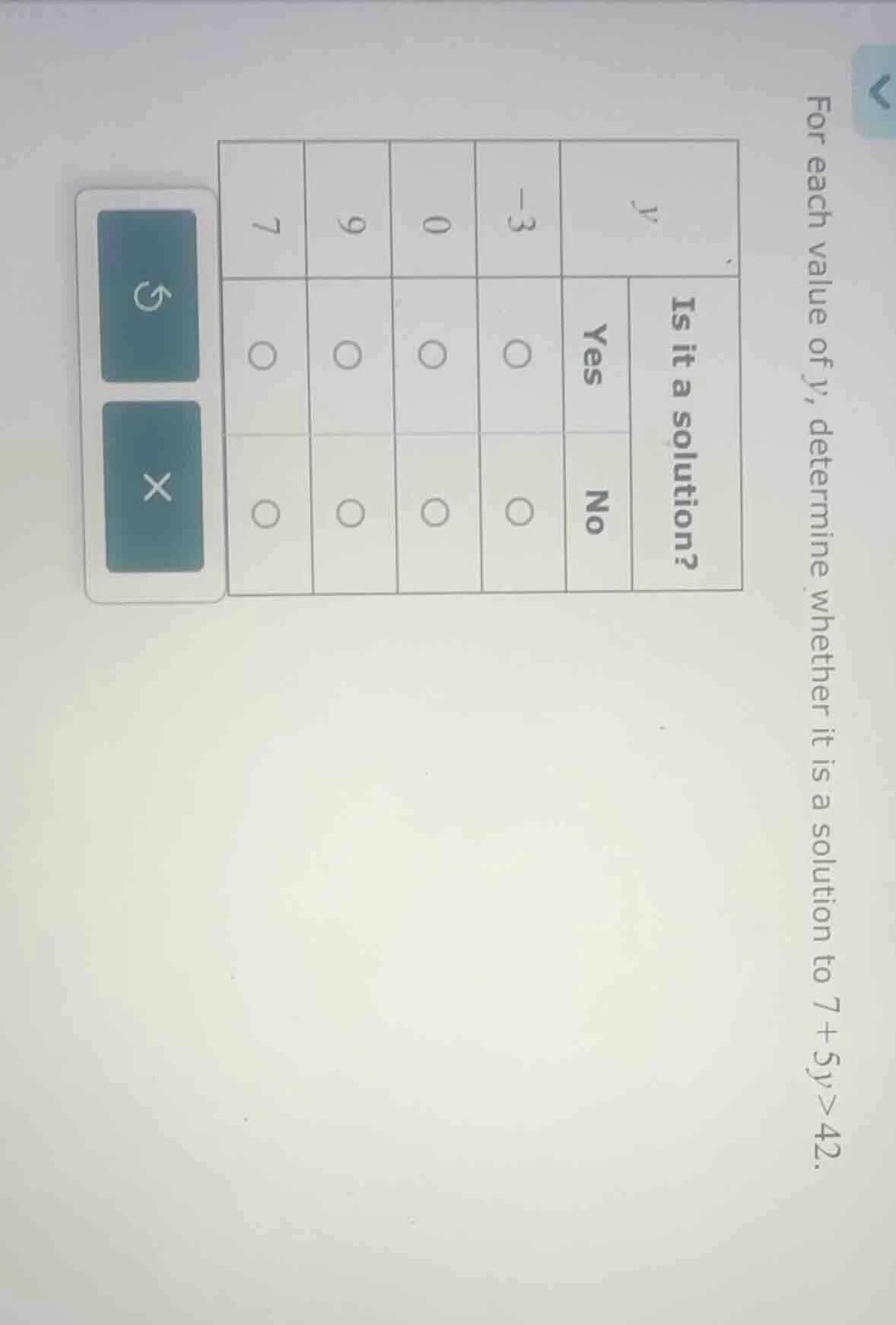 for each value of y, determine whether it is a solution to 7 + 5y > 42.…