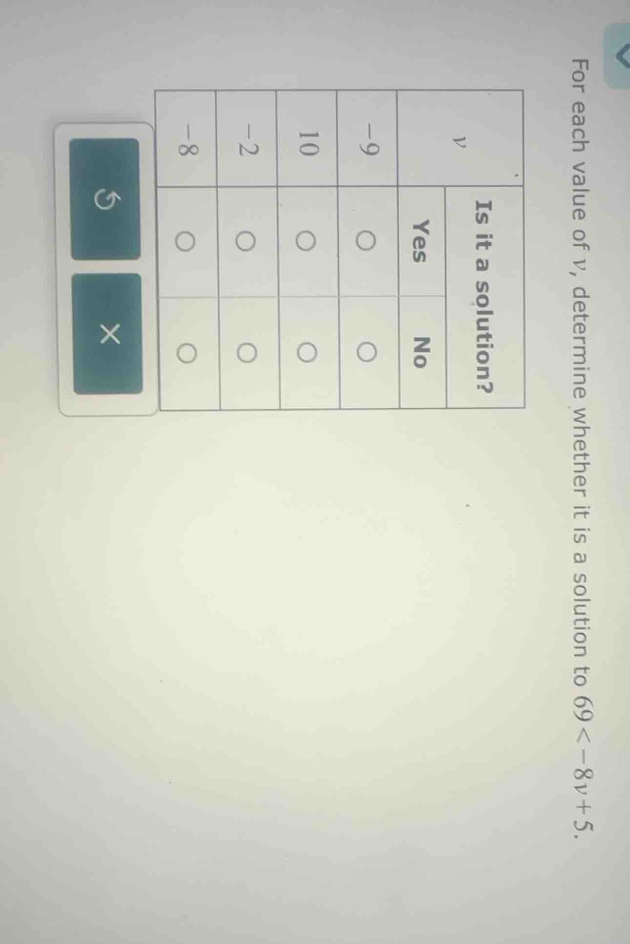 for each value of v, determine whether it is a solution to 69 < -8v + 5…