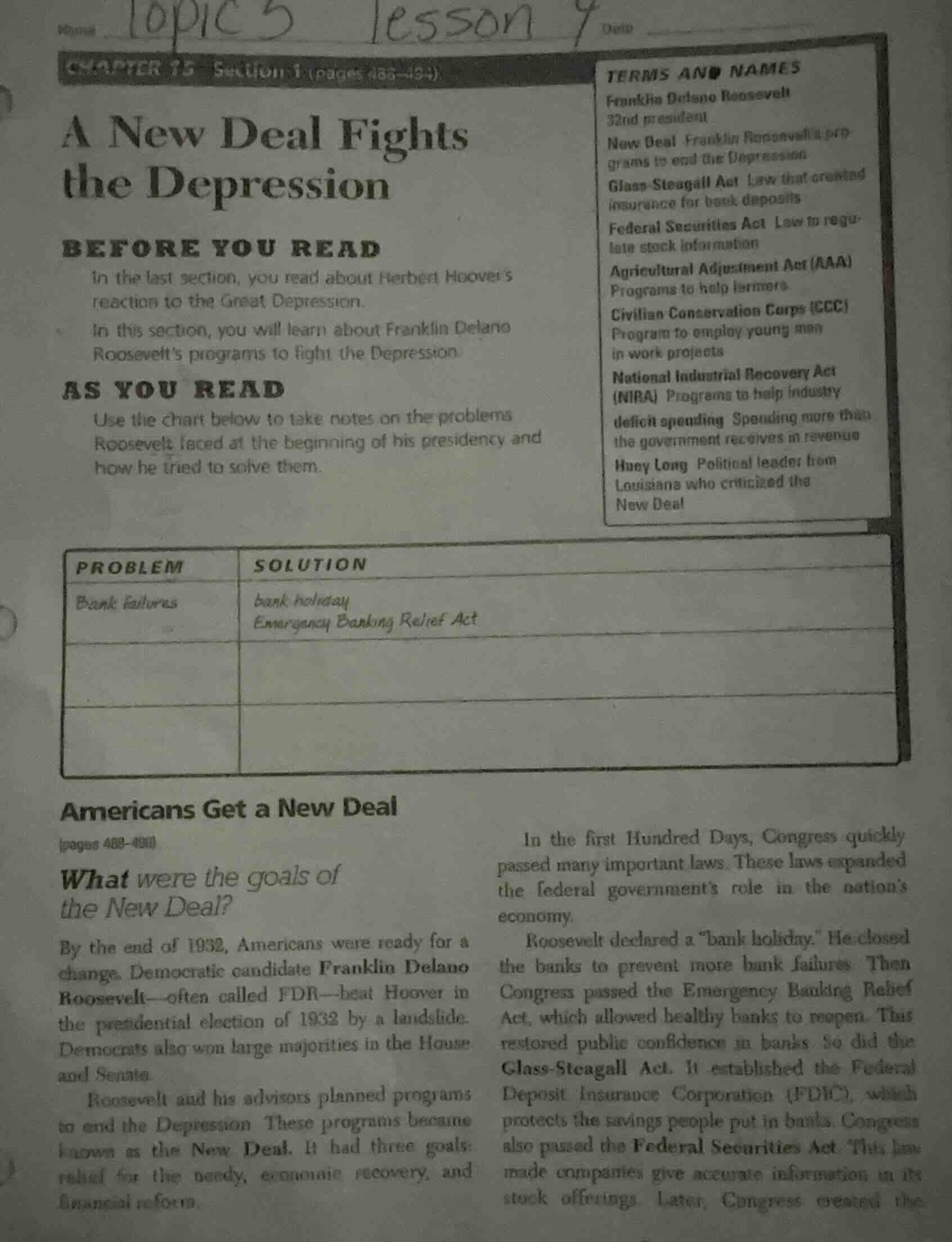 chapter 15 section 1 (pages 486-494) a new deal fights the depression b…