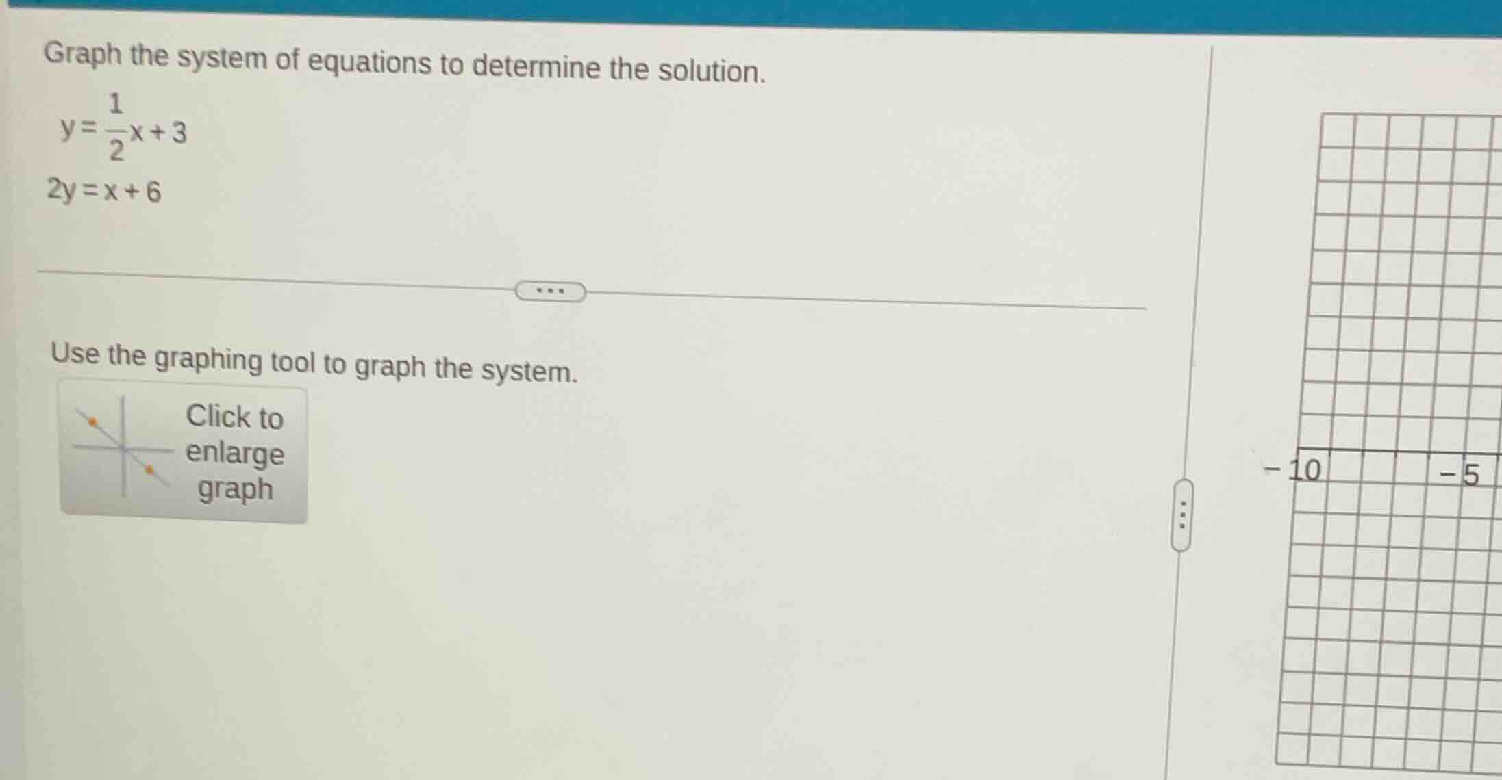 graph the system of equations to determine the solution. $y = \\frac{1}…