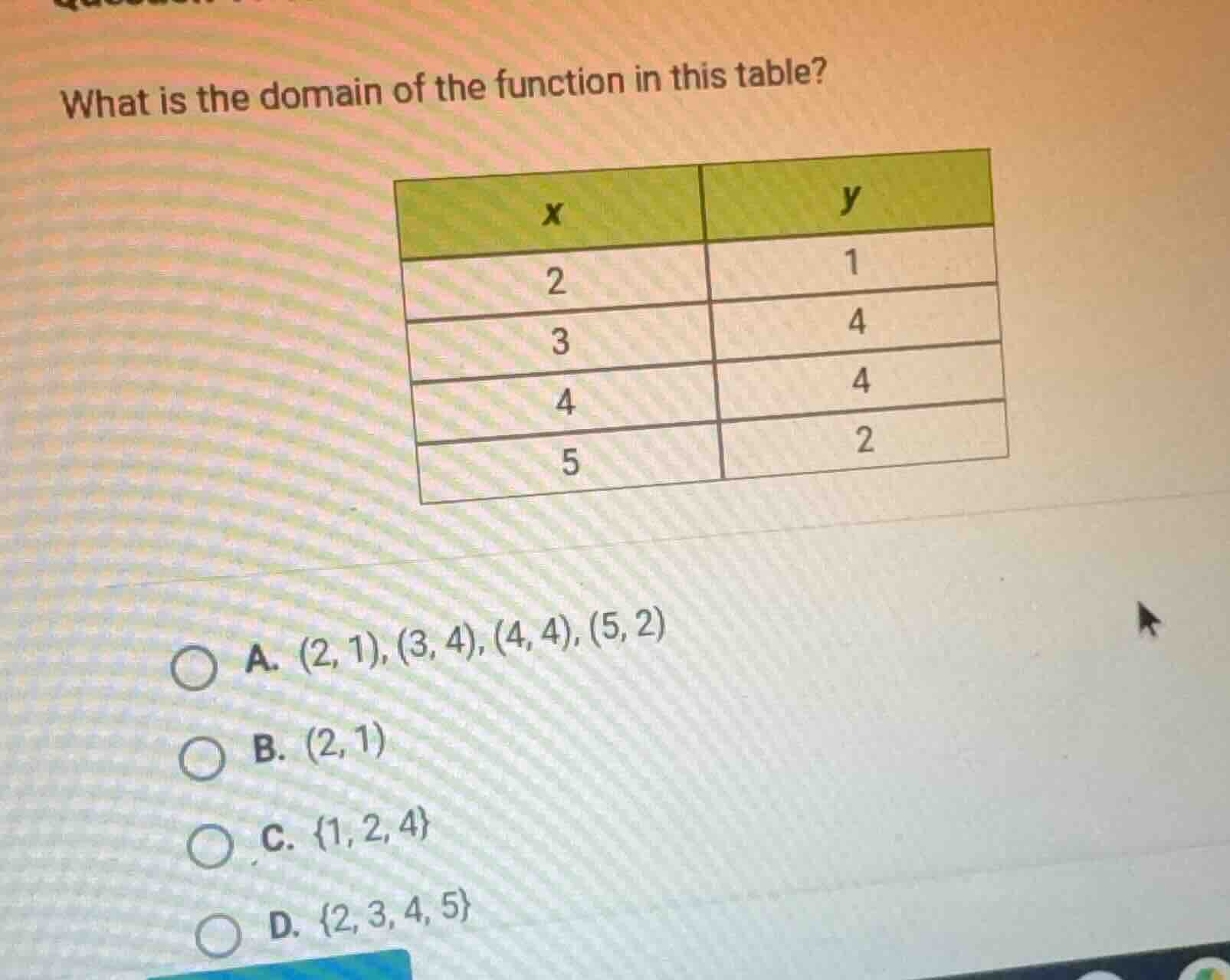 what is the domain of the function in this table?\ \ | x | y |\ | --- |…