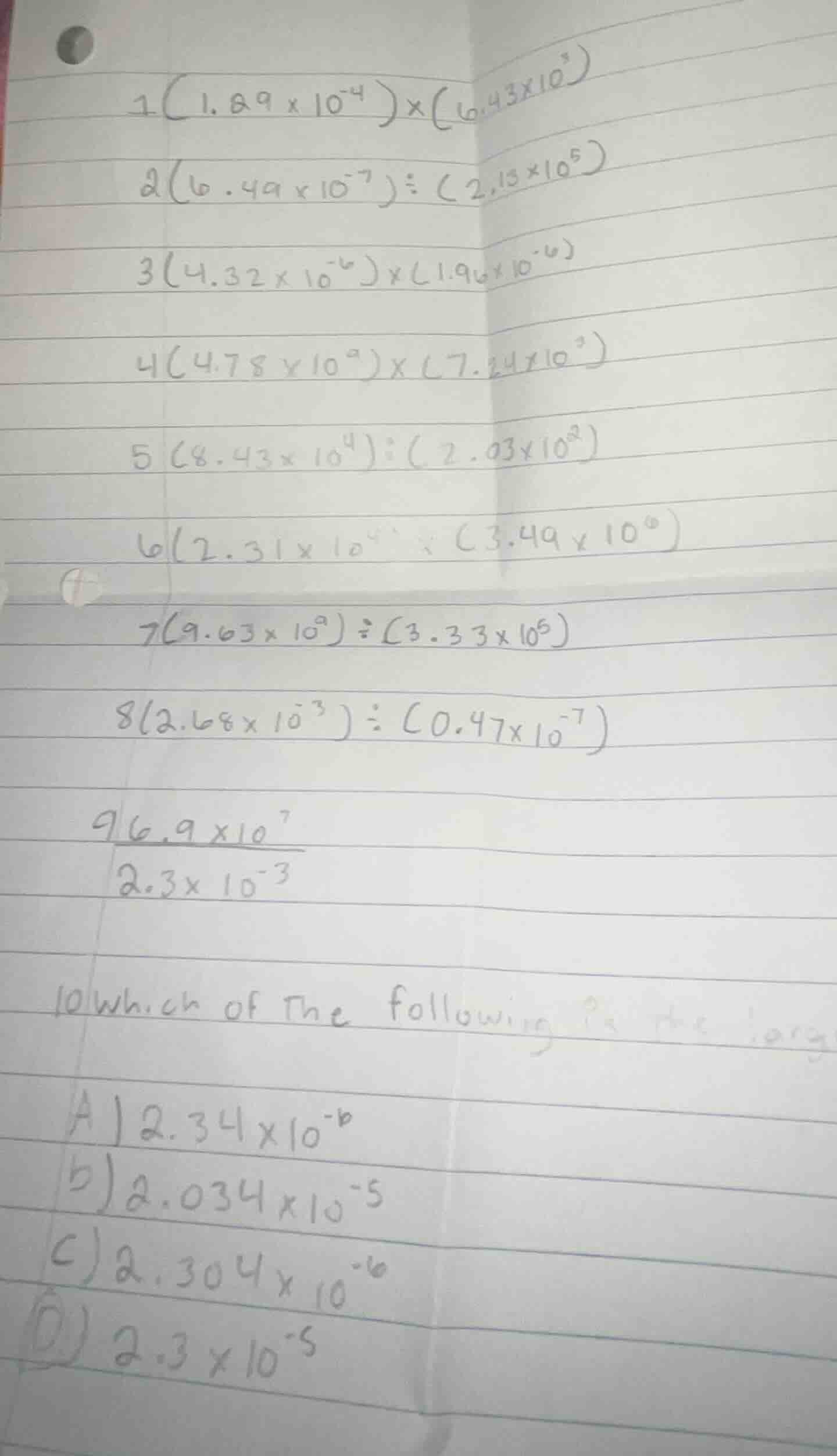 1 (1.89×10⁻⁴)×(0.43×10³) 2 (0.49×10⁻⁷)÷(2.15×10⁵) 3 (4.32×10⁻⁶)×(1.96×1…